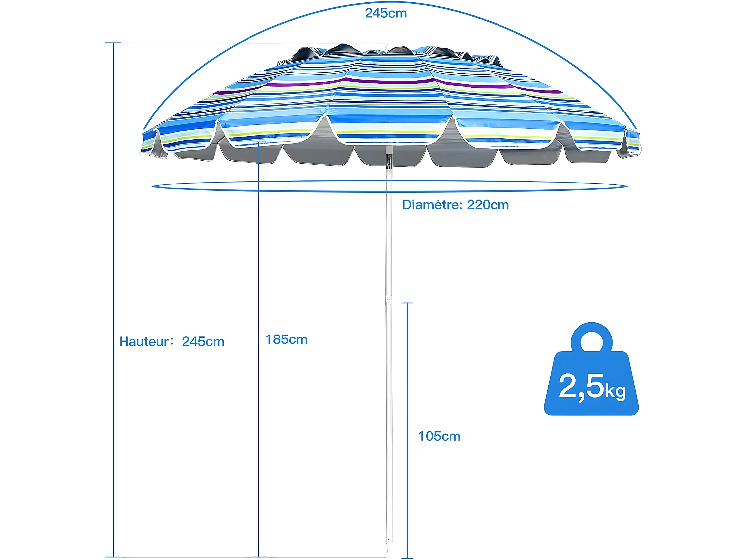 Parasol de Plage Inclinable 2,45 M Protection UPF 50+ Baleines en Fibre de Verre avec Sac Pied Amovible Bleu