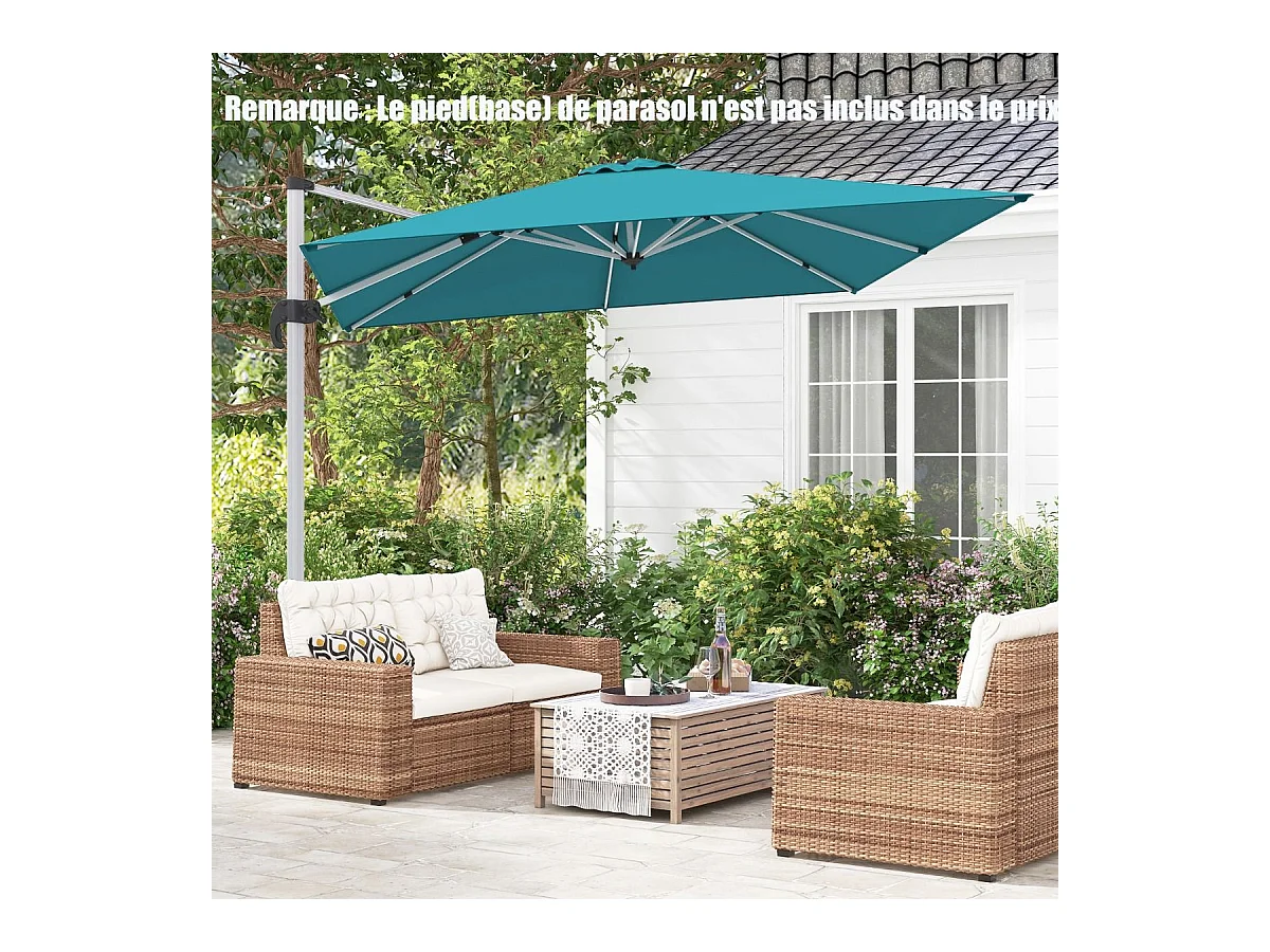 Parasol Déporté Carré 3M avec Base en Croix Poteau en Aluminium Rotatif à 360° Manivelle Inclinable 8 Baleines (Bleu)