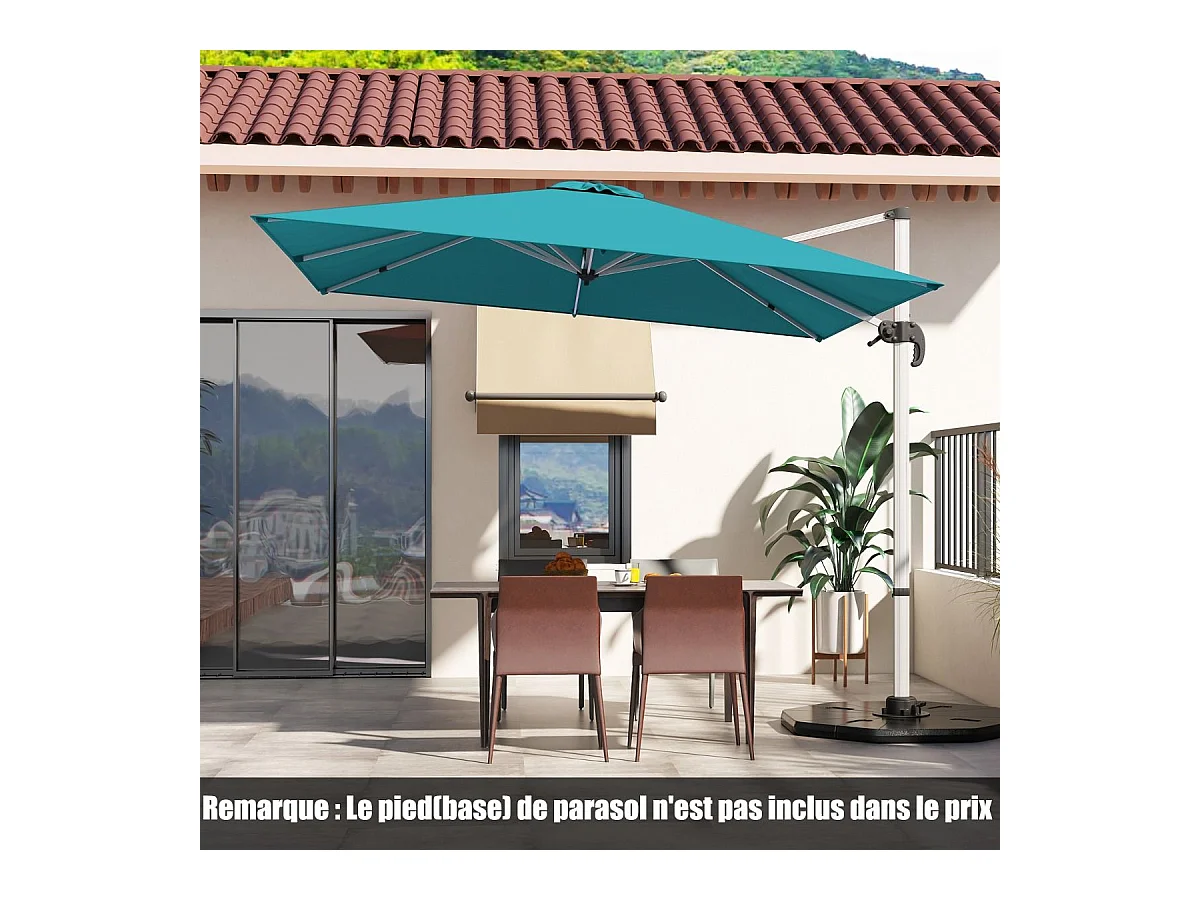 Parasol Déporté Carré 3M avec Base en Croix Poteau en Aluminium Rotatif à 360° Manivelle Inclinable 8 Baleines (Bleu)
