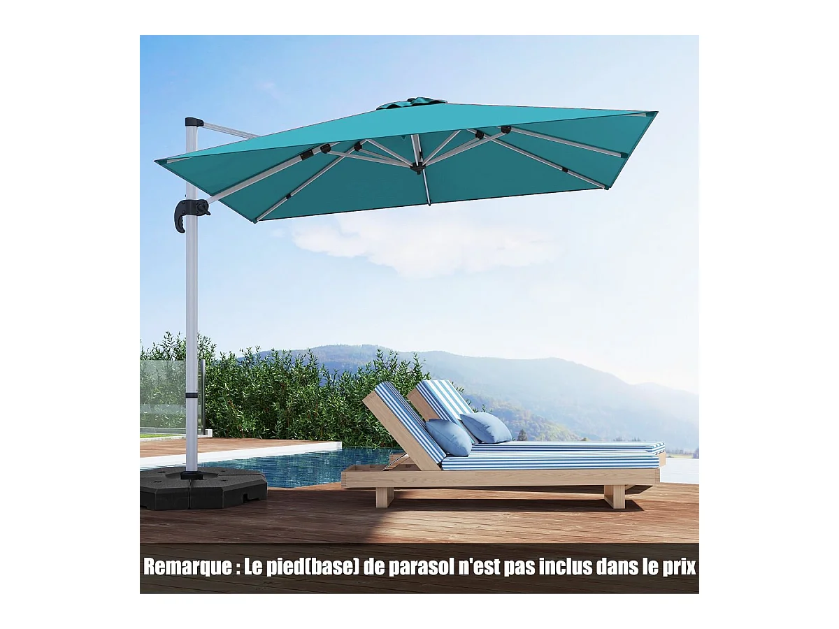 Parasol Déporté Carré 3M avec Base en Croix Poteau en Aluminium Rotatif à 360° Manivelle Inclinable 8 Baleines (Bleu)