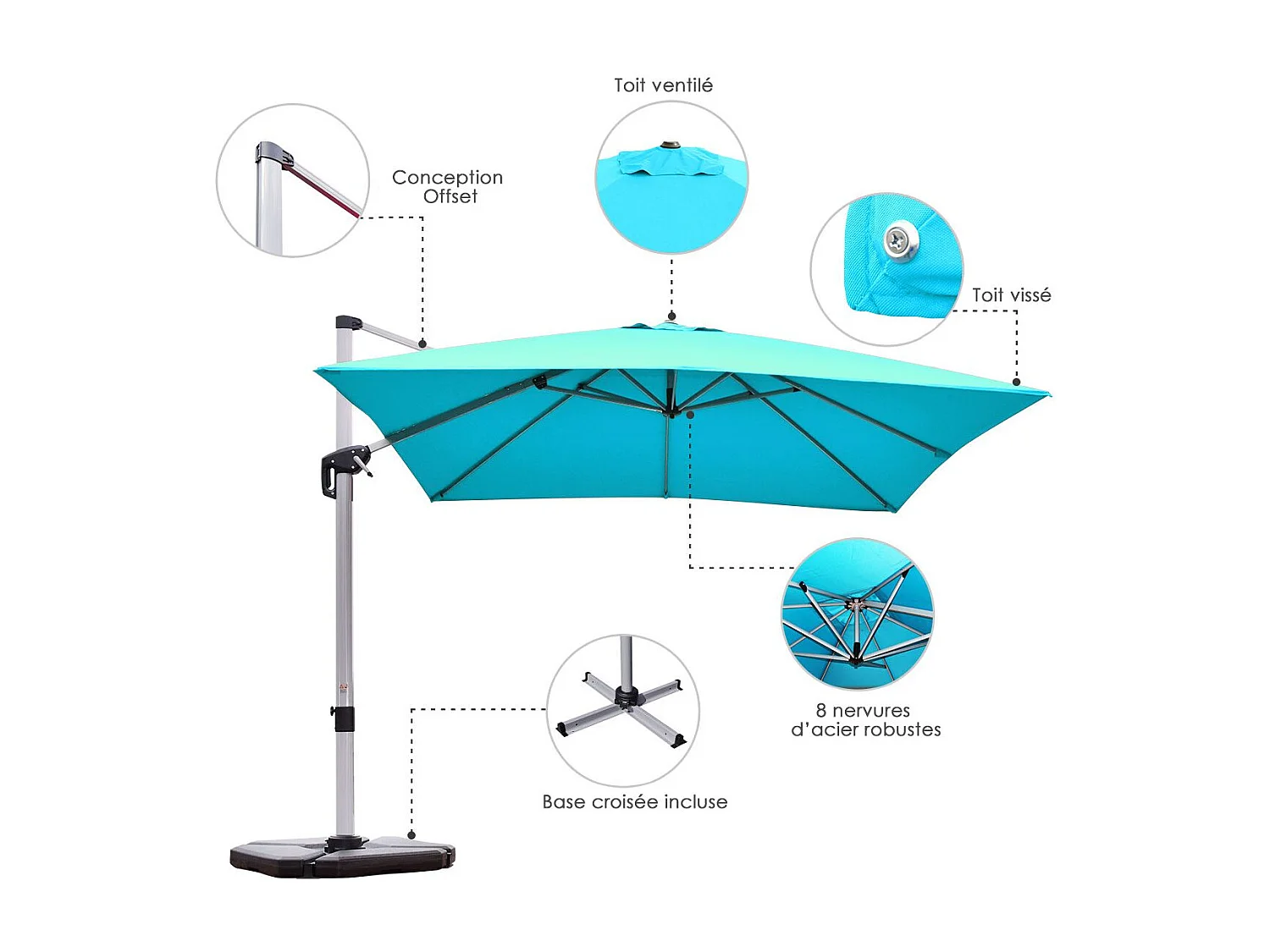 Parasol Déporté Carré 3M avec Base en Croix Poteau en Aluminium Rotatif à 360° Manivelle Inclinable 8 Baleines (Bleu)
