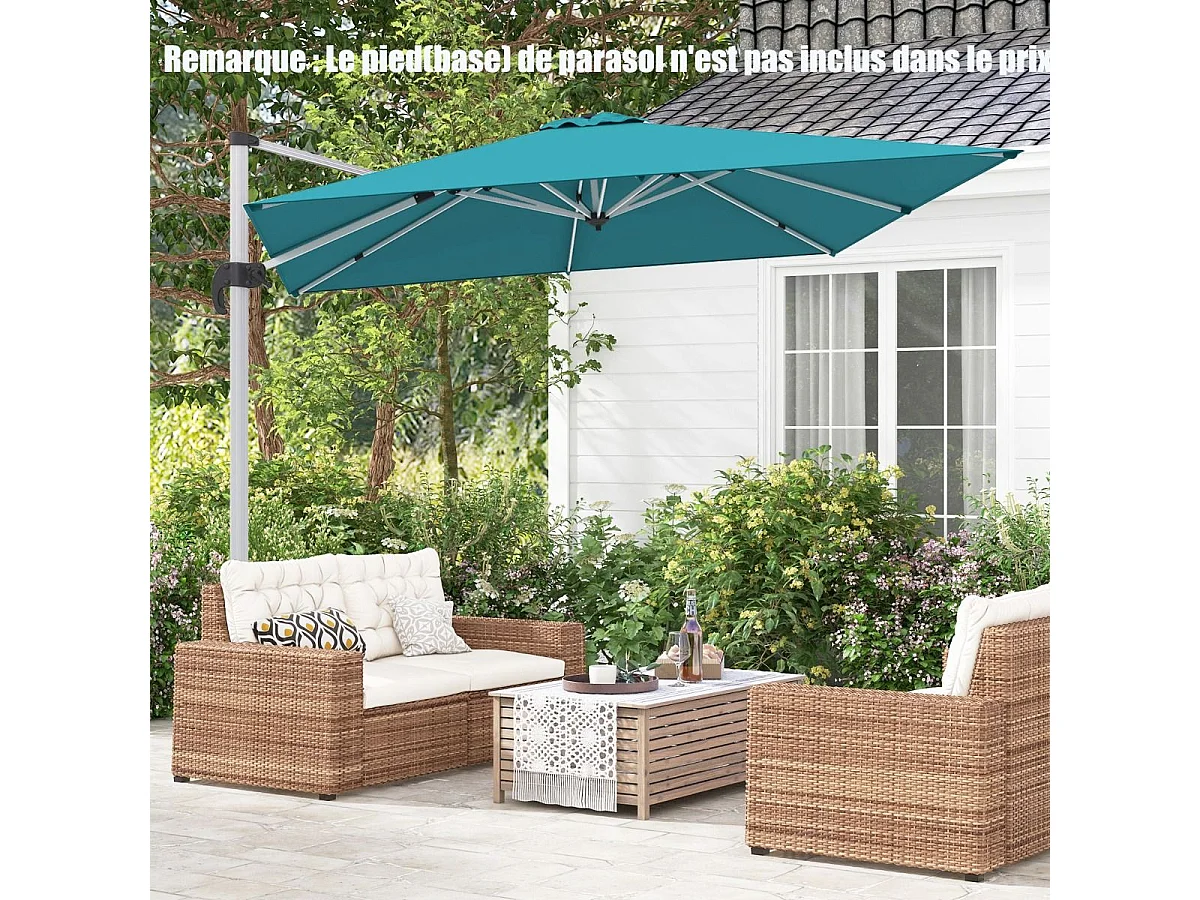 Parasol Déporté Carré 3M avec Base en Croix Poteau en Aluminium Rotatif à 360° Manivelle Inclinable 8 Baleines (Bleu)
