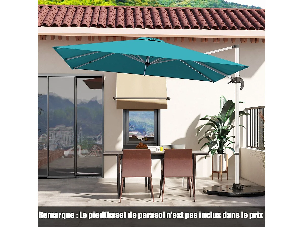 Parasol Déporté Carré 3M avec Base en Croix Poteau en Aluminium Rotatif à 360° Manivelle Inclinable 8 Baleines (Bleu)
