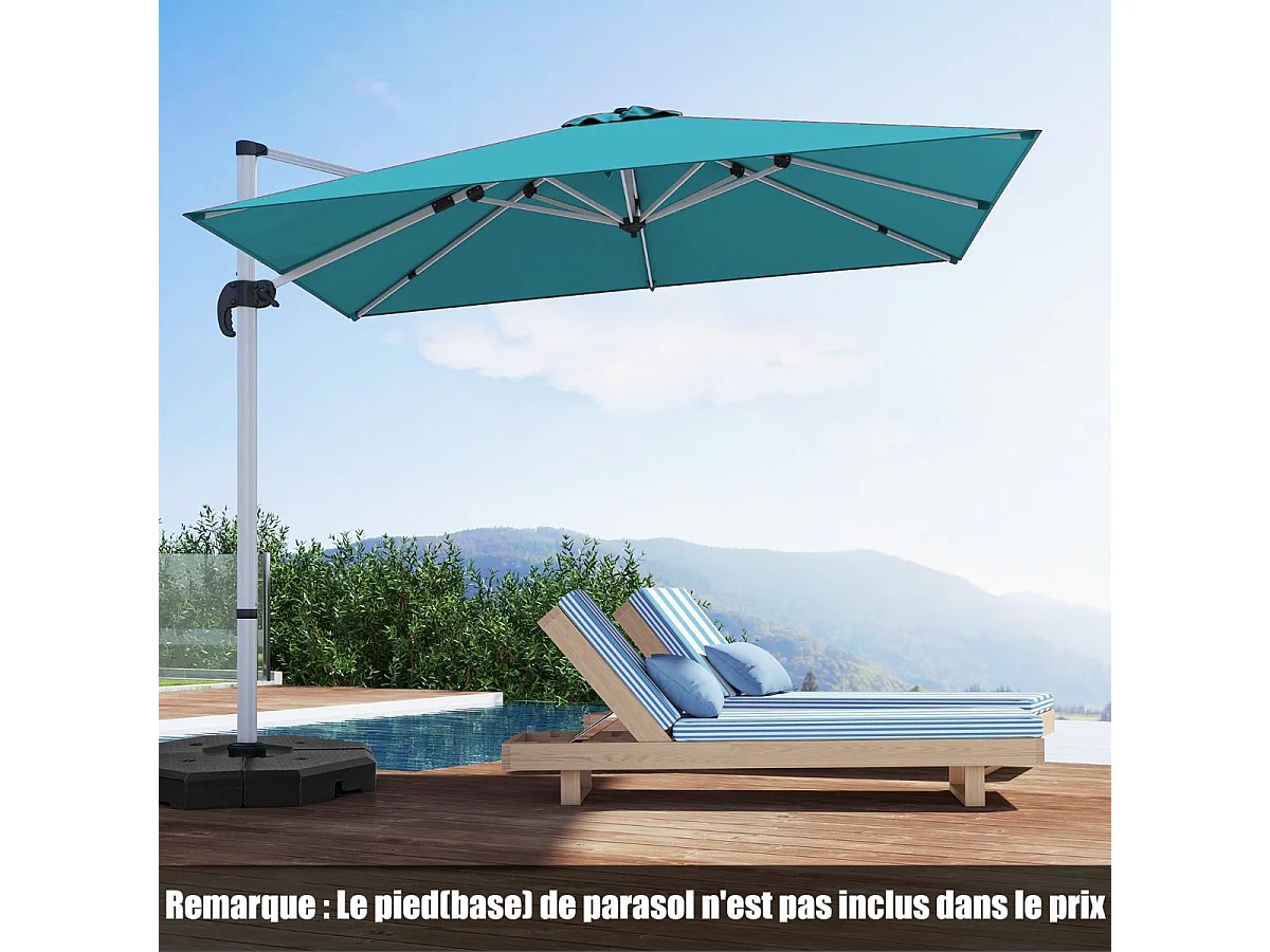 Parasol Déporté Carré 3M avec Base en Croix Poteau en Aluminium Rotatif à 360° Manivelle Inclinable 8 Baleines (Bleu)