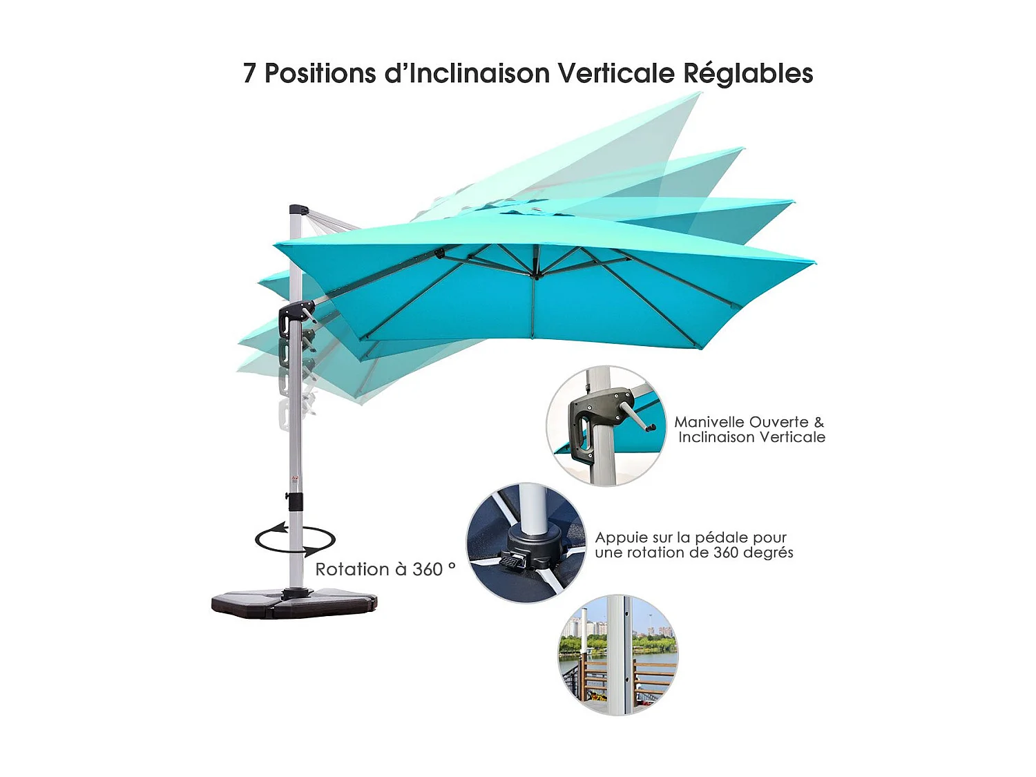Parasol Déporté Carré 3M avec Base en Croix Poteau en Aluminium Rotatif à 360° Manivelle Inclinable 8 Baleines (Bleu)