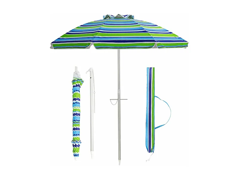 Parasol de Plage Inclinable Ø198 CM Protection UV 50+ avec Bouton Poussoir et Sac de Transport pour Patio/Piscine/Jardin-Rayures vertes