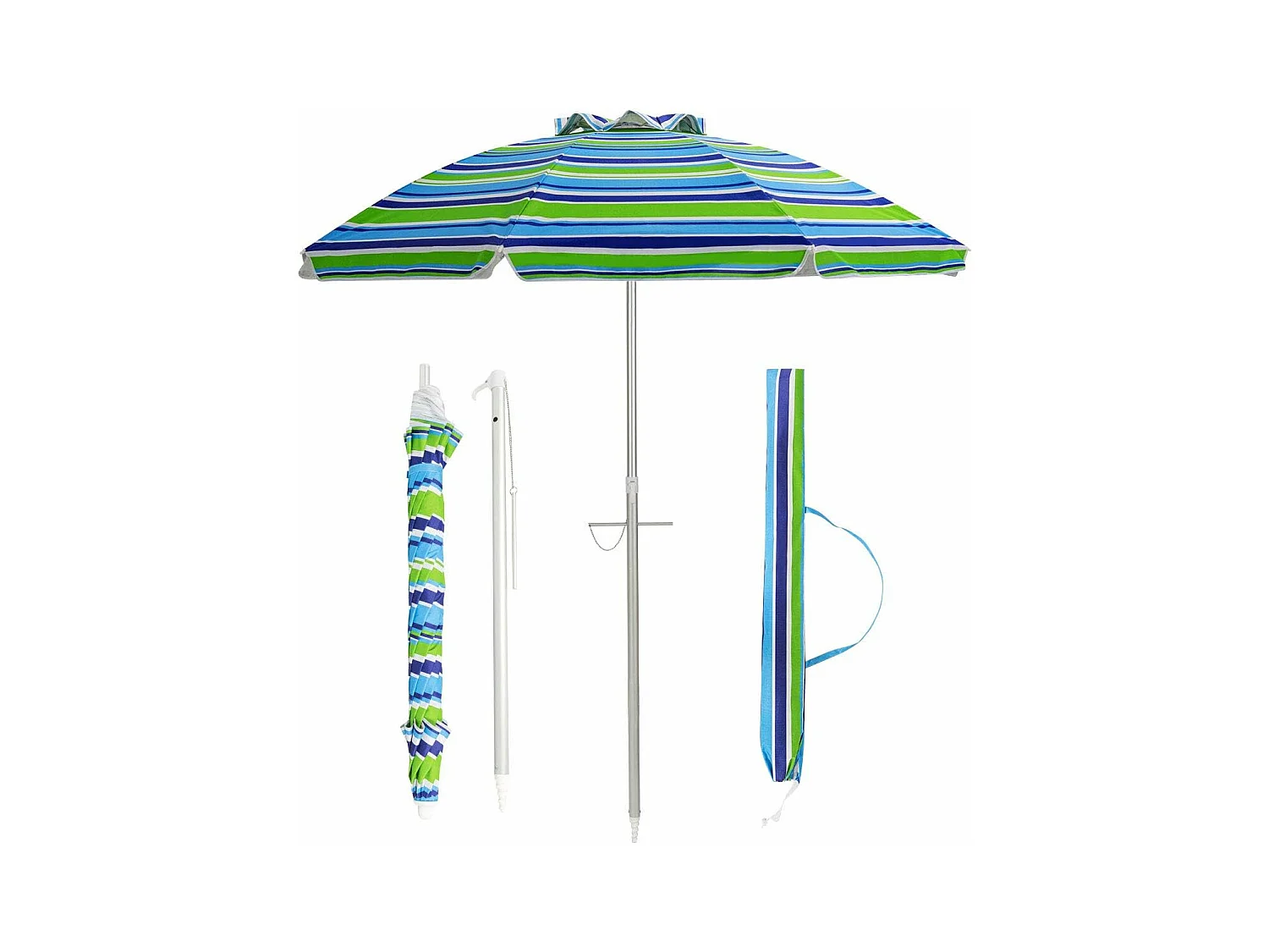 Parasol de Plage Inclinable Ø198 CM Protection UV 50+ avec Bouton Poussoir et Sac de Transport pour Patio/Piscine/Jardin-Rayures vertes