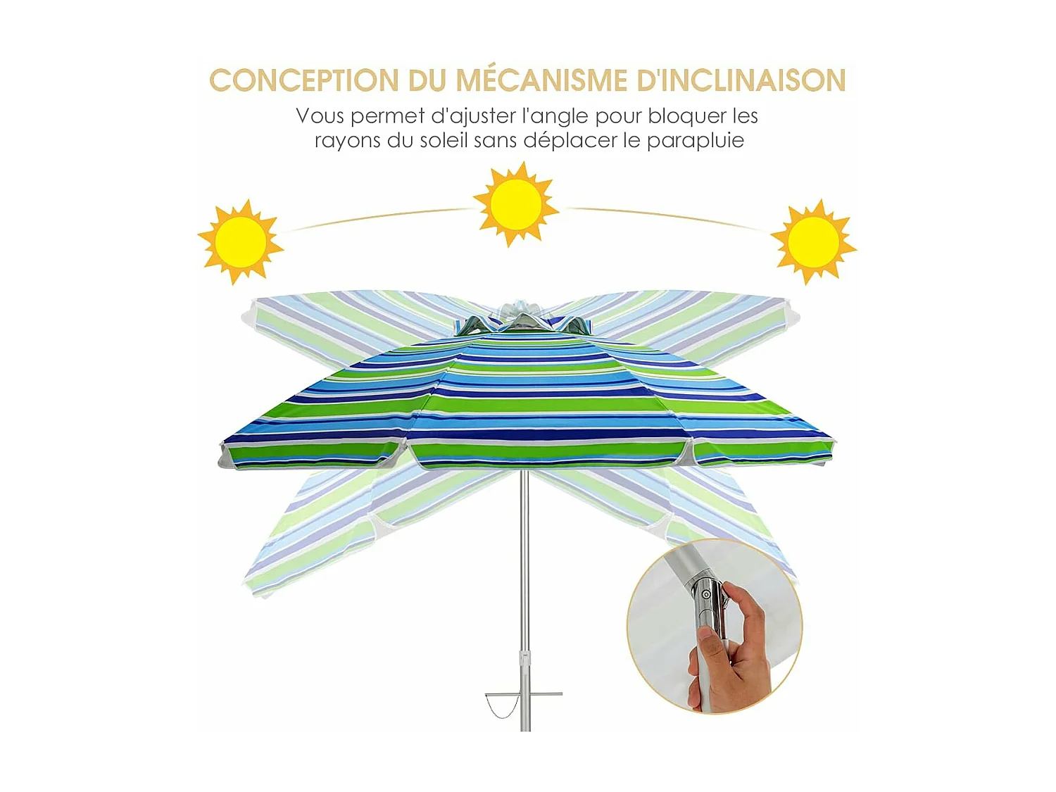Parasol de Plage Inclinable Ø198 CM Protection UV 50+ avec Bouton Poussoir et Sac de Transport pour Patio/Piscine/Jardin-Rayures vertes
