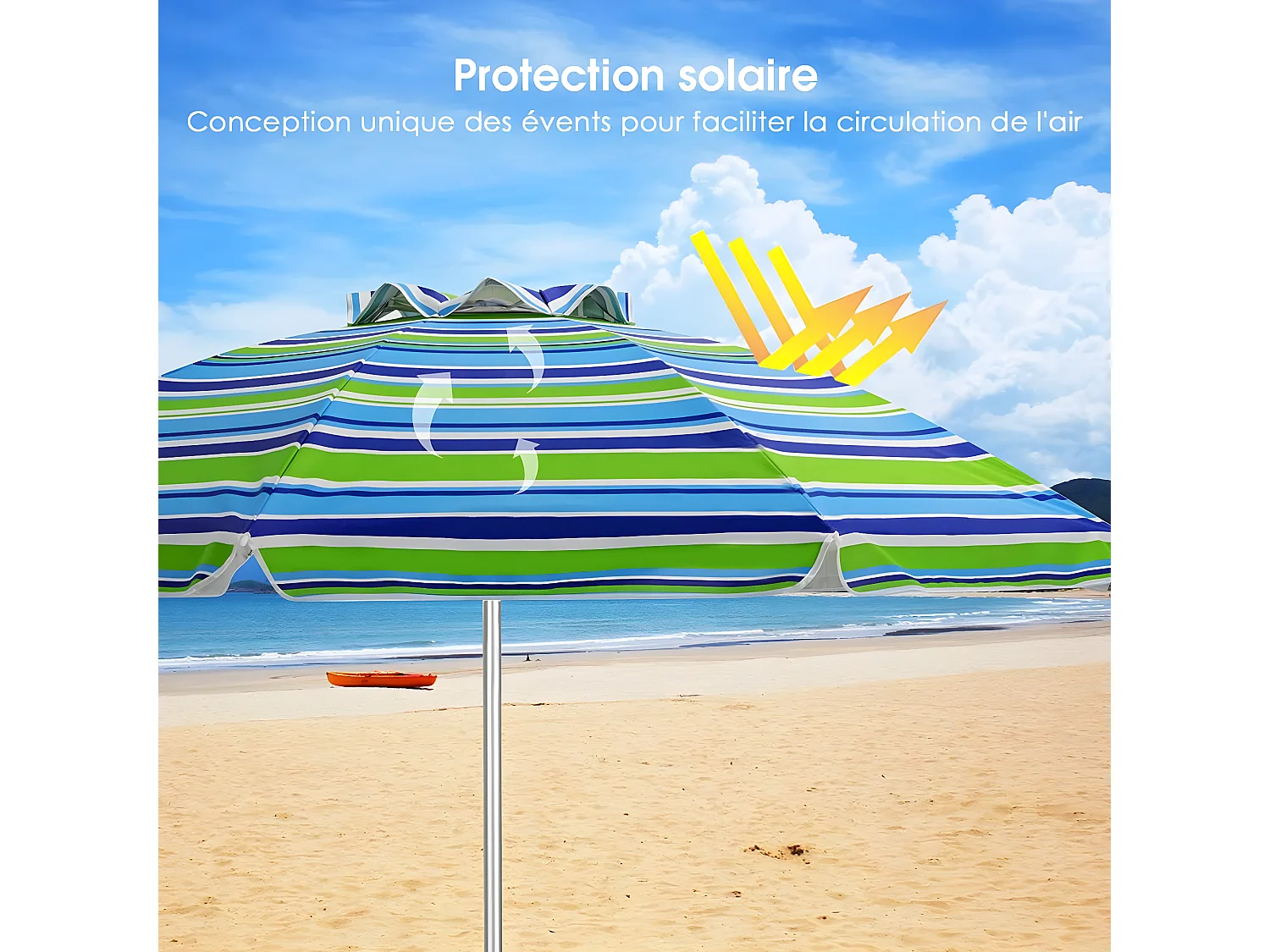 Parasol de Plage Inclinable Ø198 CM Protection UV 50+ avec Bouton Poussoir et Sac de Transport pour Patio/Piscine/Jardin-Rayures vertes