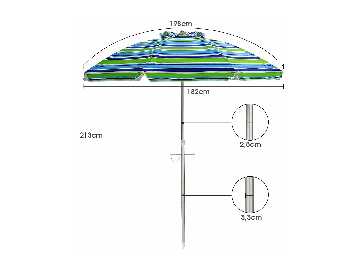 Parasol de Plage Inclinable Ø198 CM Protection UV 50+ avec Bouton Poussoir et Sac de Transport pour Patio/Piscine/Jardin-Rayures vertes