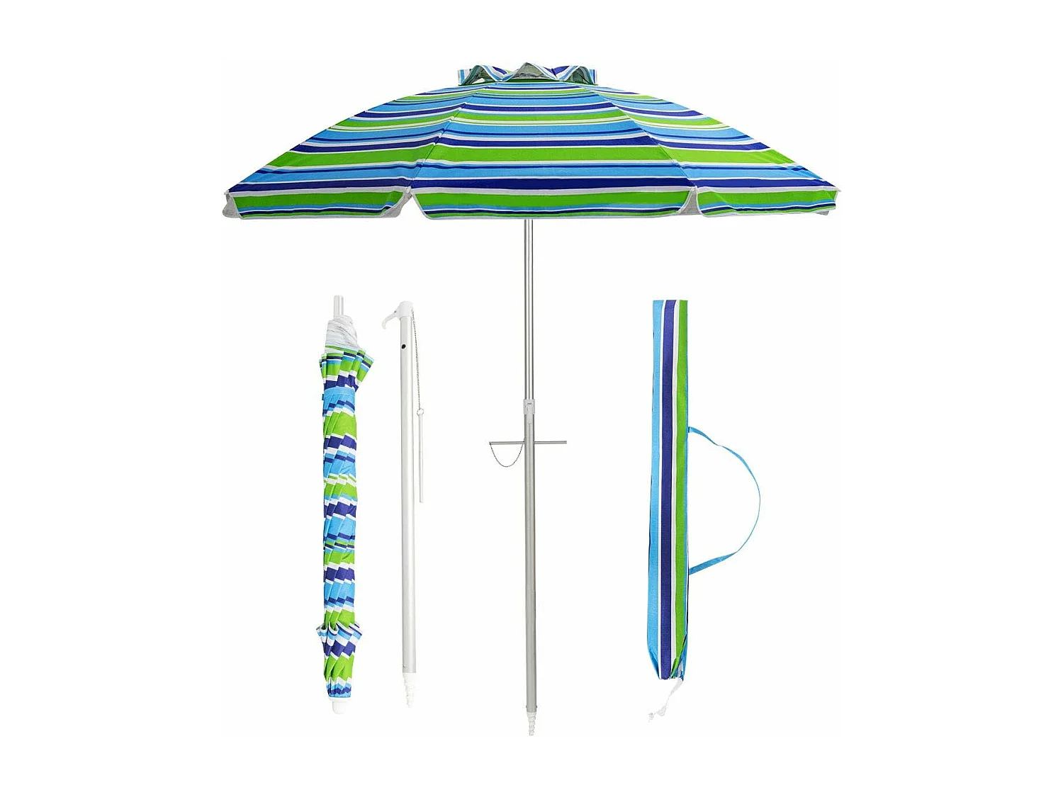 Parasol de Plage Inclinable Ø198 CM Protection UV 50+ avec Bouton Poussoir et Sac de Transport pour Patio/Piscine/Jardin-Rayures vertes