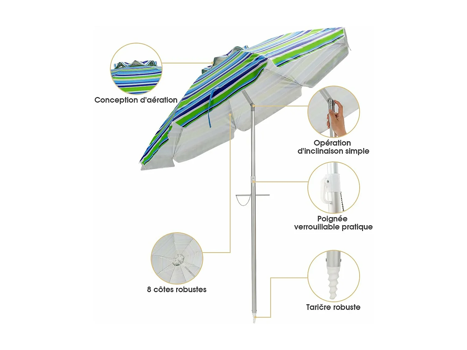 Parasol de Plage Inclinable Ø198 CM Protection UV 50+ avec Bouton Poussoir et Sac de Transport pour Patio/Piscine/Jardin-Rayures vertes