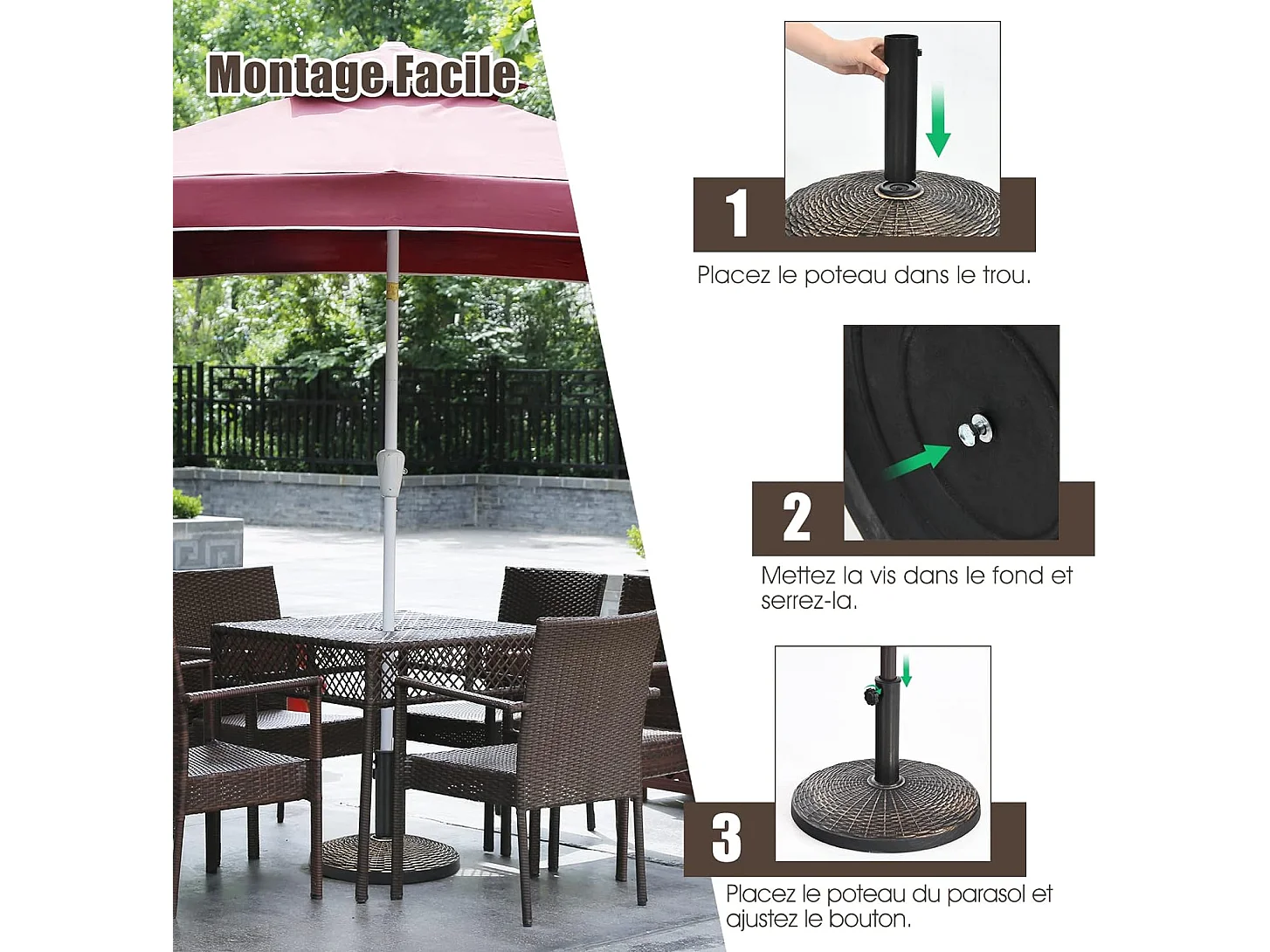 Base/Pied de Parasol Ronde de Patio en Résine 45 cm Résistant aux Intempéries pour Poteaux de Φ 38/ 48 mm Jardin, Plage