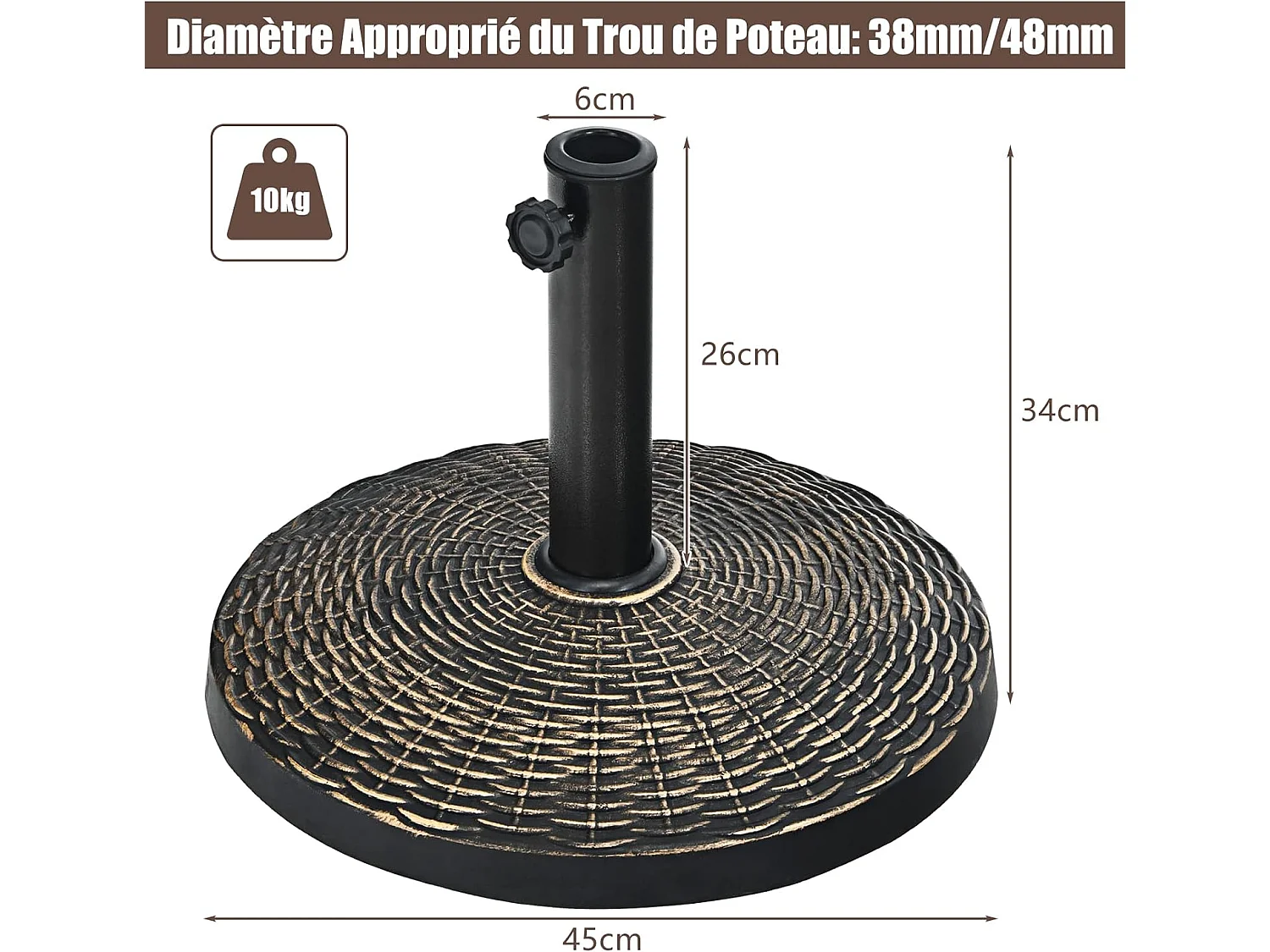 Base/Pied de Parasol Ronde de Patio en Résine 45 cm Résistant aux Intempéries pour Poteaux de Φ 38/ 48 mm Jardin, Plage