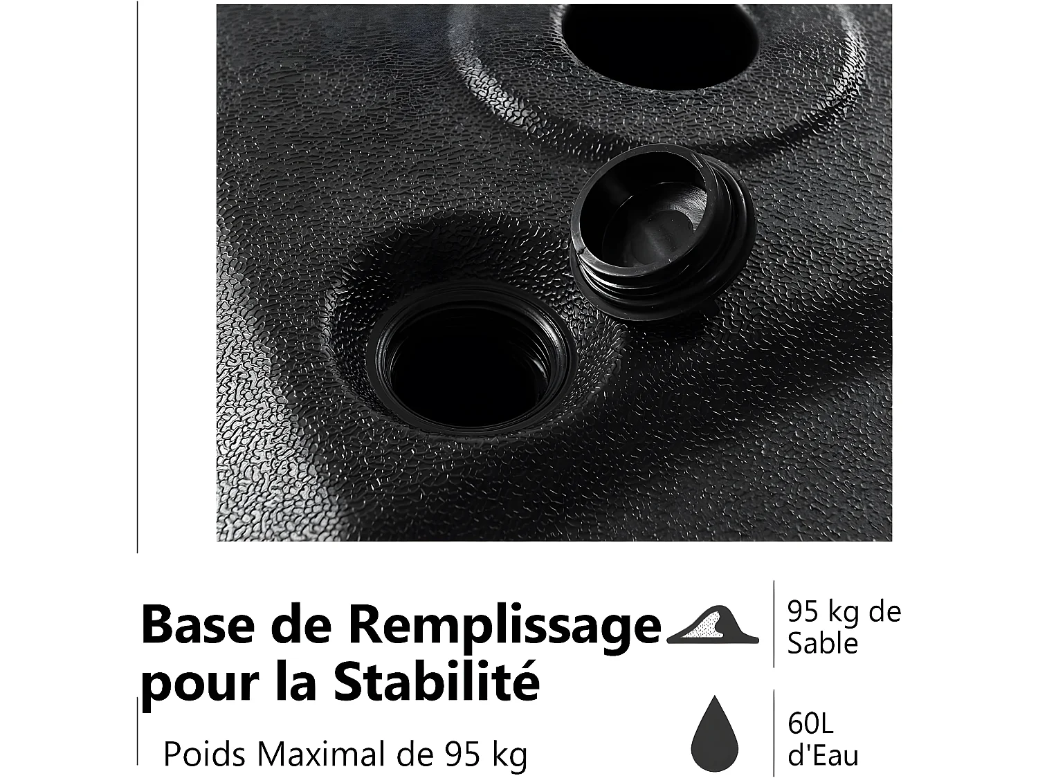 Pied de Parasol en HDPE, avec Roues et Croix du Bas, Remplir de Sable 95KG ou d'Eau 60L, pour Parasol Φ7cm, 81x61x15cm, Noir