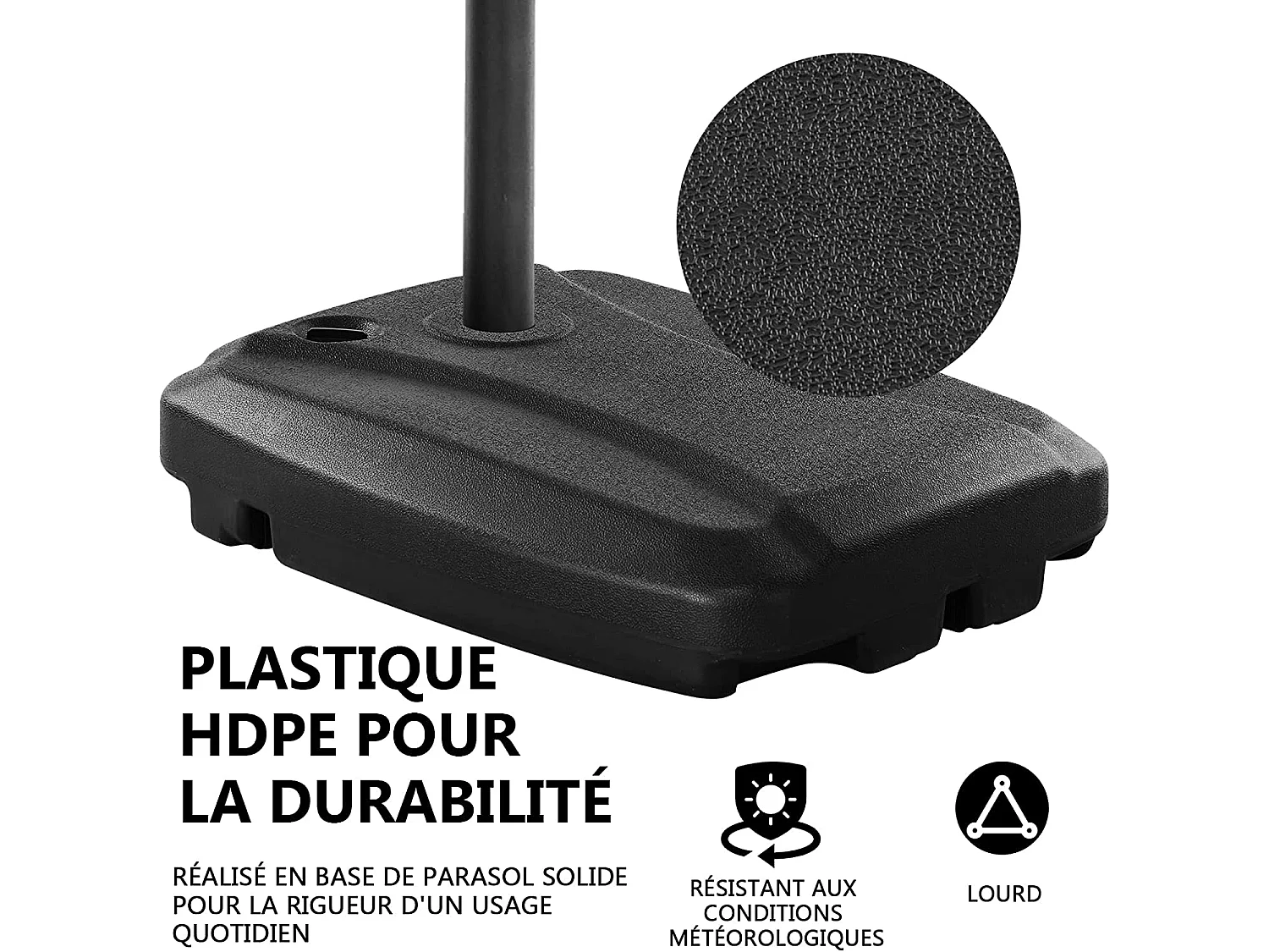Pied de Parasol en HDPE, avec Roues et Croix du Bas, Remplir de Sable 95KG ou d'Eau 60L, pour Parasol Φ7cm, 81x61x15cm, Noir