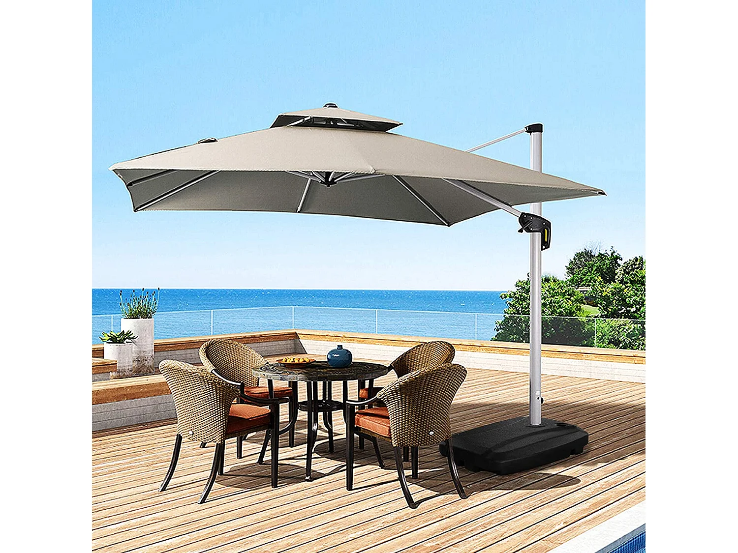 Pied de Parasol en HDPE, avec Roues et Croix du Bas, Remplir de Sable 95KG ou d'Eau 60L, pour Parasol Φ7cm, 81x61x15cm, Noir