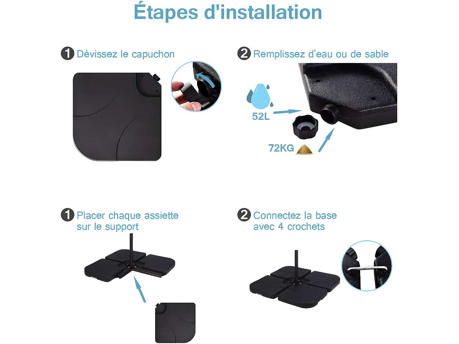 Pieds de Parasol Lot de 4 Dalles de Parasol Remplissable d'Eau 52L ou de Sable 72 KG pour Terrasse, Cour, Jardin Noir