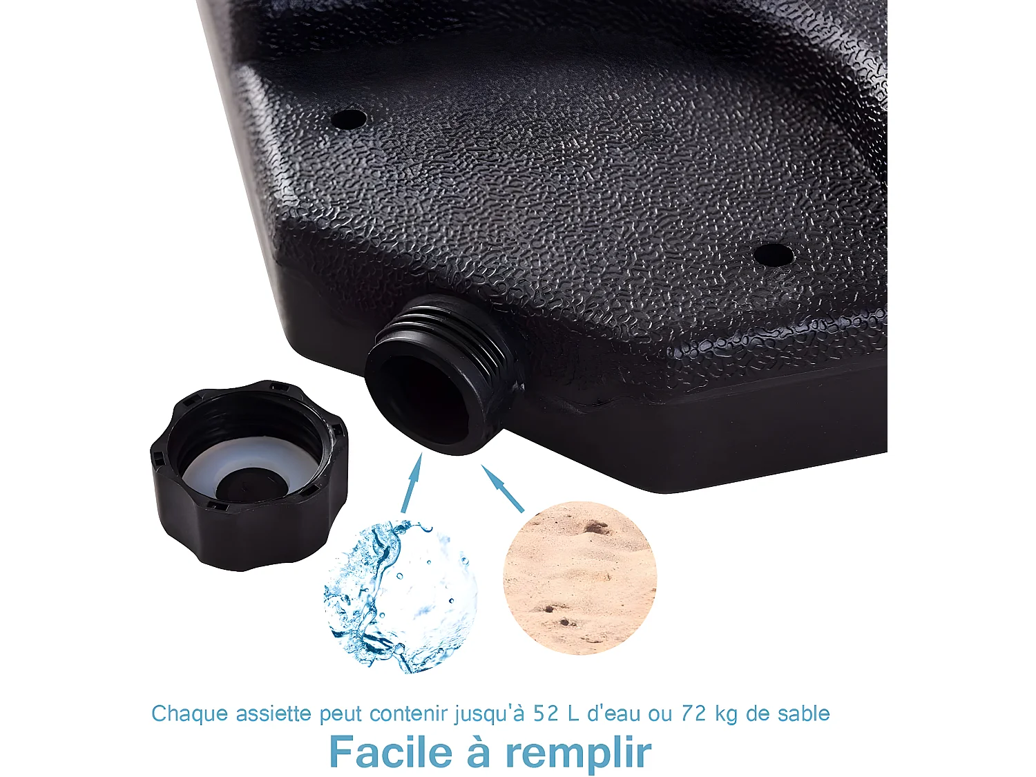 Pieds de Parasol Lot de 4 Dalles de Parasol Remplissable d'Eau 52L ou de Sable 72 KG pour Terrasse, Cour, Jardin Noir