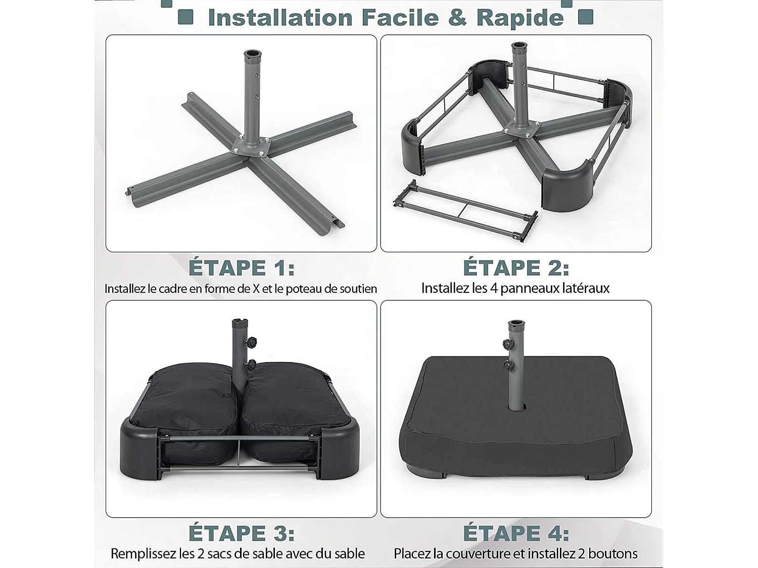 Base de Parasol de Patio 90 kg Sacs de Sable, 2 Boutons de Serrage et 1 Adaptateur, pour Patio Bord de Piscine Terrasse