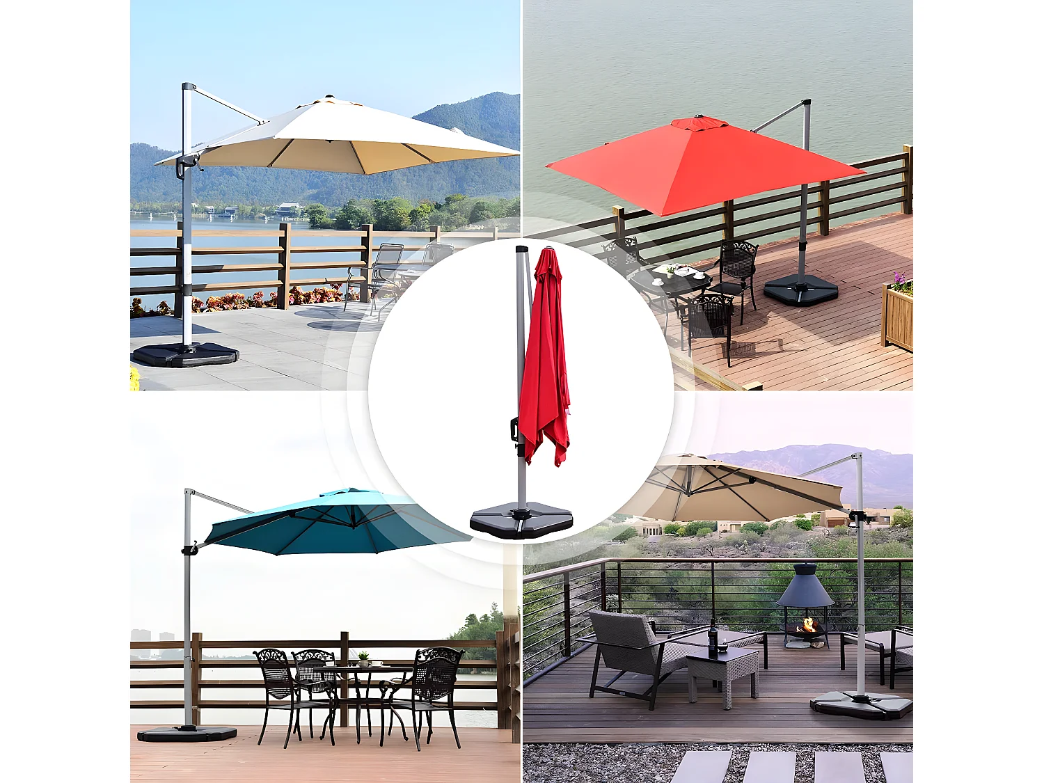 Base de Parasol Lourd 4 Plaques 83 x 83cm Remplie d'Eau ou de Sable 70 kg avec Trous de Remplissage pour Parasol Déporté