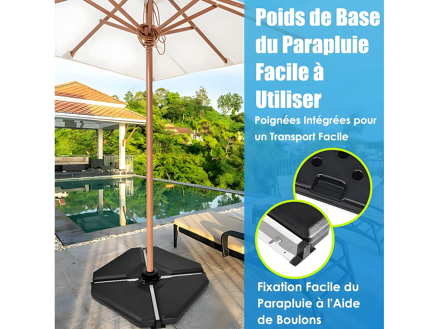 Base de Parasol Lourd 4 Plaques 83 x 83cm Remplie d'Eau ou de Sable 70 kg avec Trous de Remplissage pour Parasol Déporté