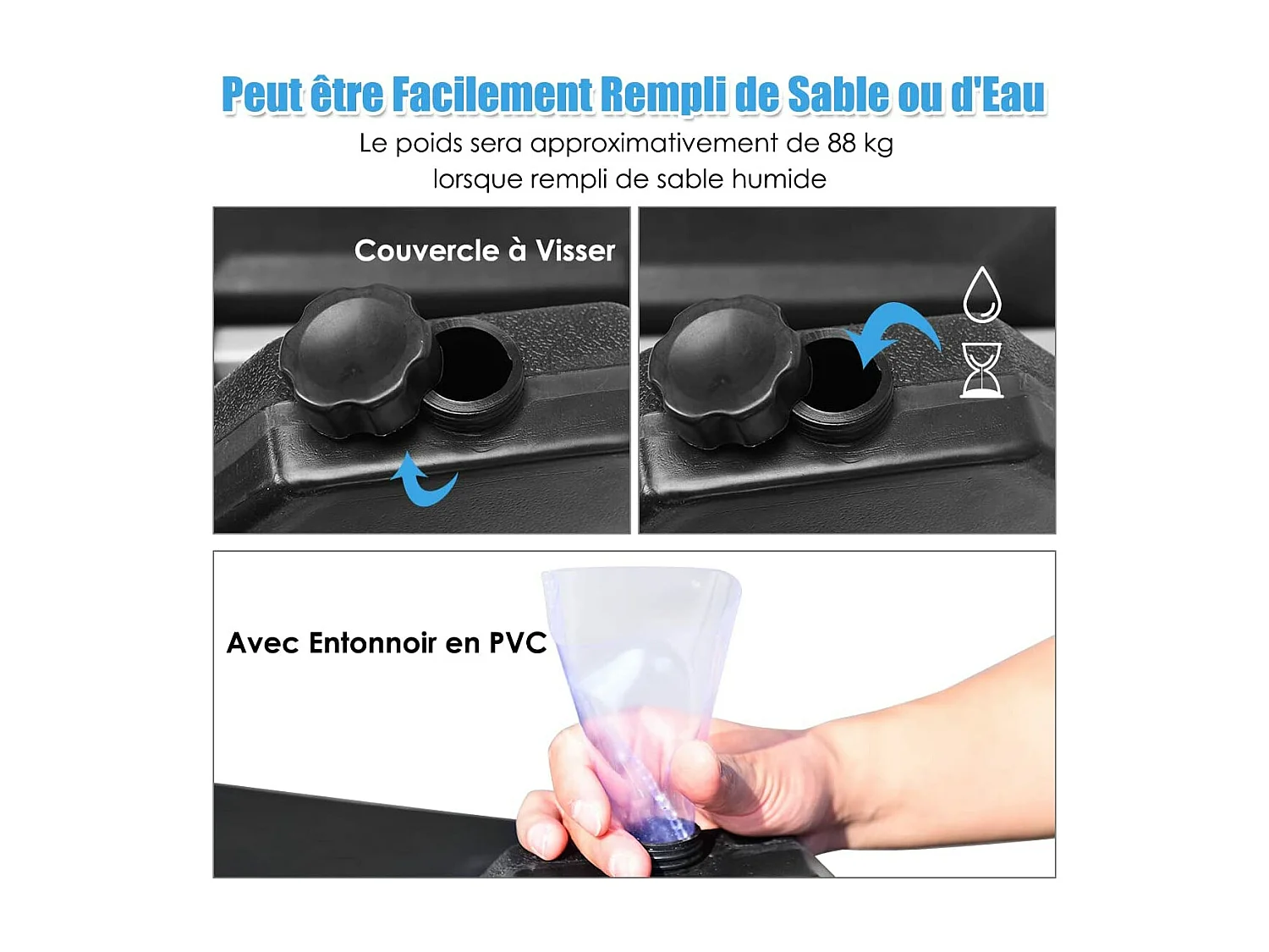 Base de Parasol Lourd 4 Plaques 83 x 83cm Remplie d'Eau ou de Sable 70 kg avec Trous de Remplissage pour Parasol Déporté