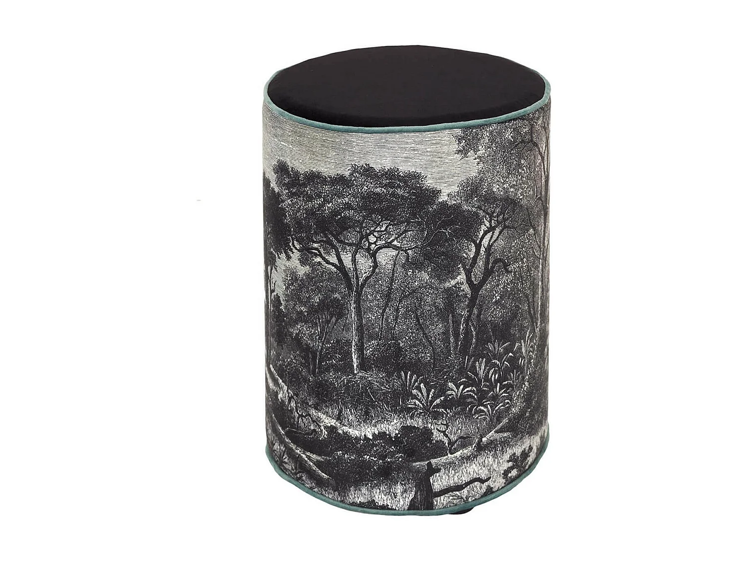 KAZA - Pouf Rond Noir et Blanc Motif Forêt