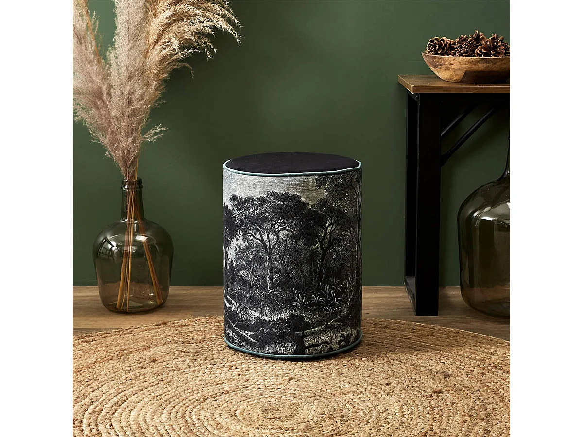 KAZA - Pouf Rond Noir et Blanc Motif Forêt