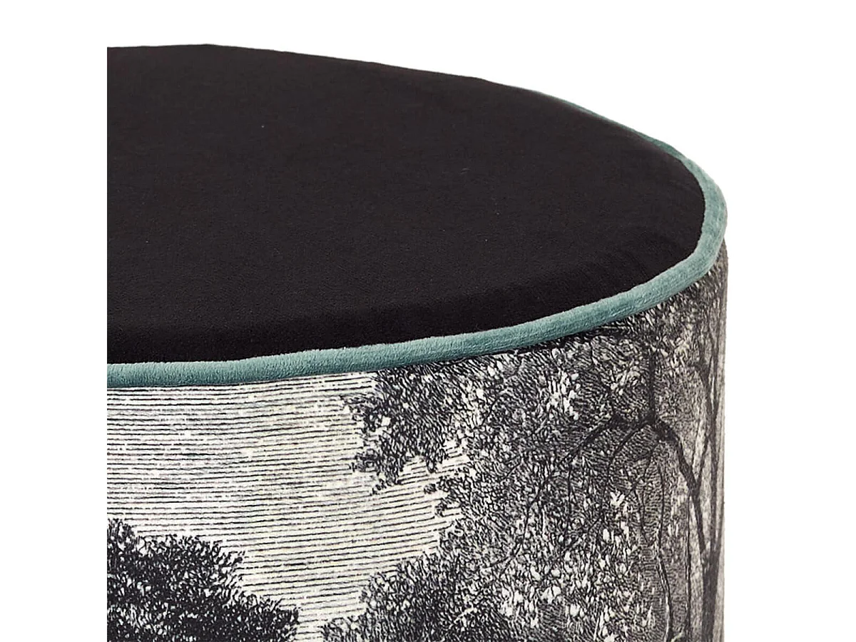 KAZA - Pouf Rond Noir et Blanc Motif Forêt