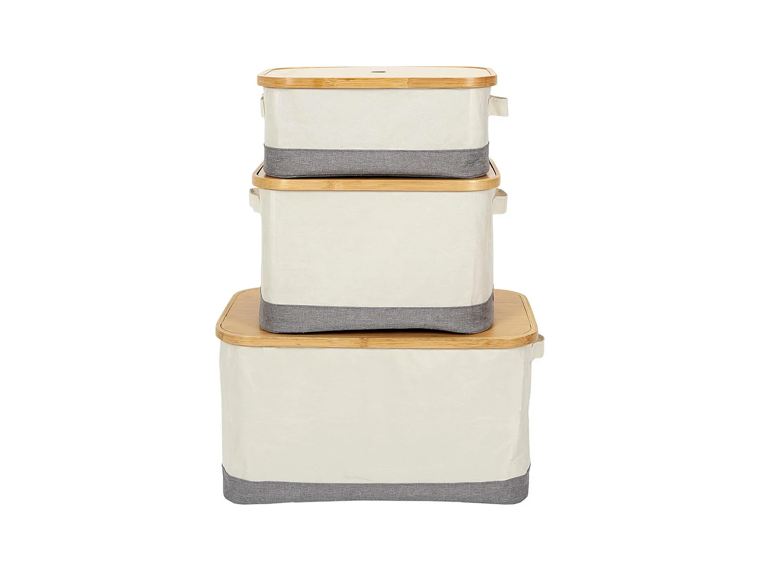 LAZEN - Lot de 3 Panières Bambou avec Couvercle Tissu Blanc et Gris