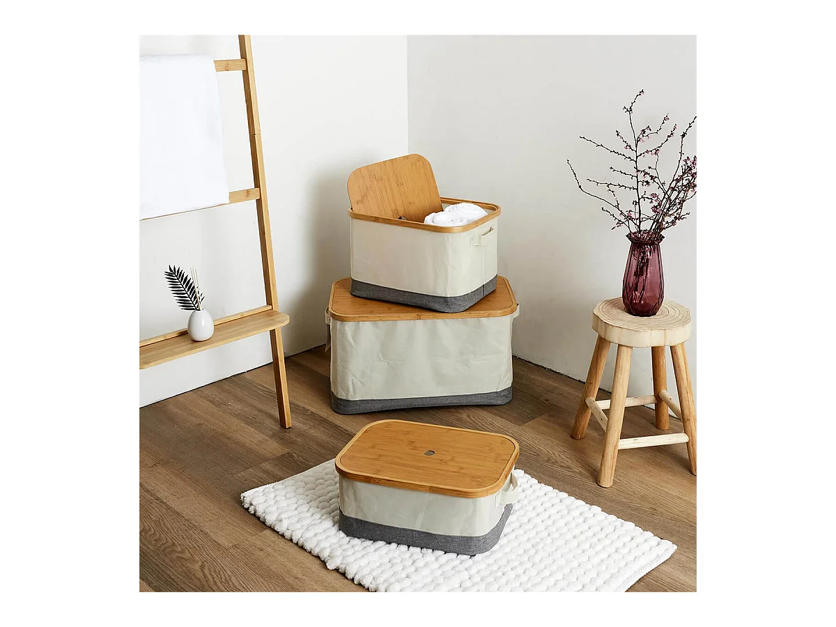 LAZEN - Lot de 3 Panières Bambou avec Couvercle Tissu Blanc et Gris