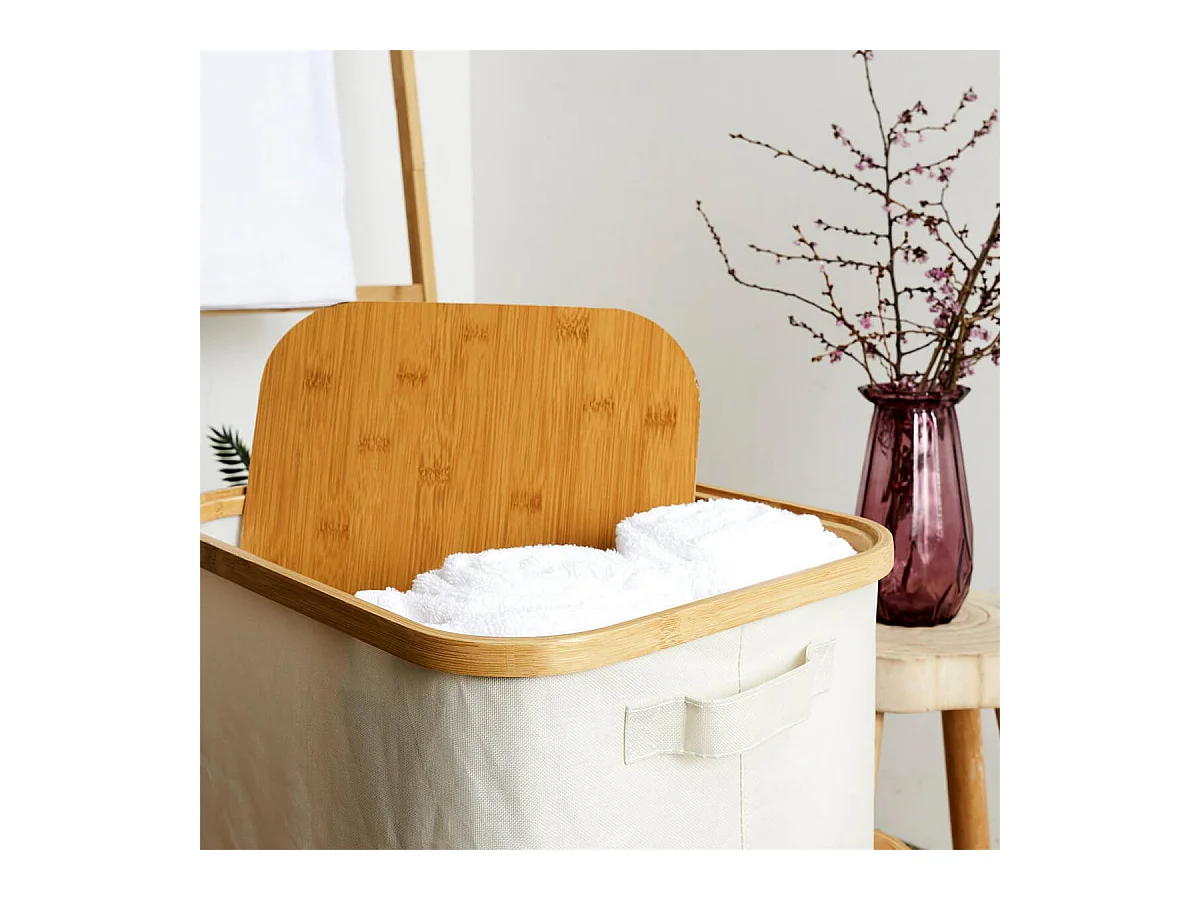 LAZEN - Lot de 3 Panières Bambou avec Couvercle Tissu Blanc et Gris