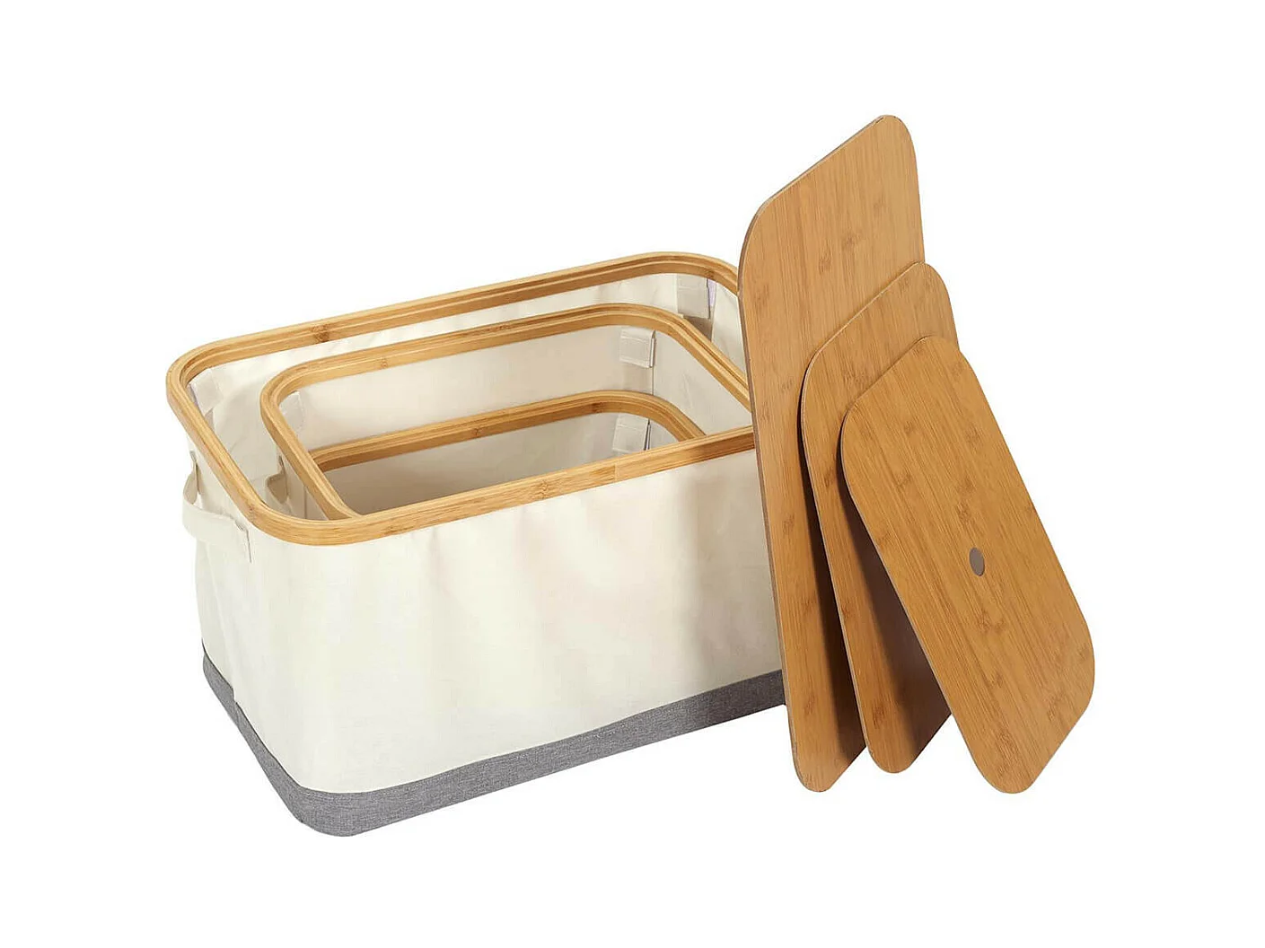 LAZEN - Lot de 3 Panières Bambou avec Couvercle Tissu Blanc et Gris