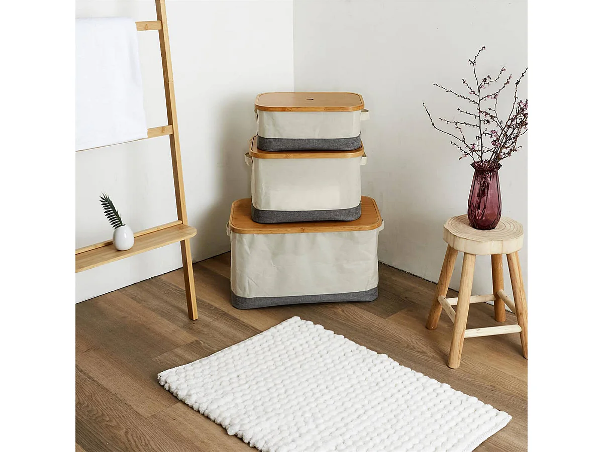 LAZEN - Lot de 3 Panières Bambou avec Couvercle Tissu Blanc et Gris