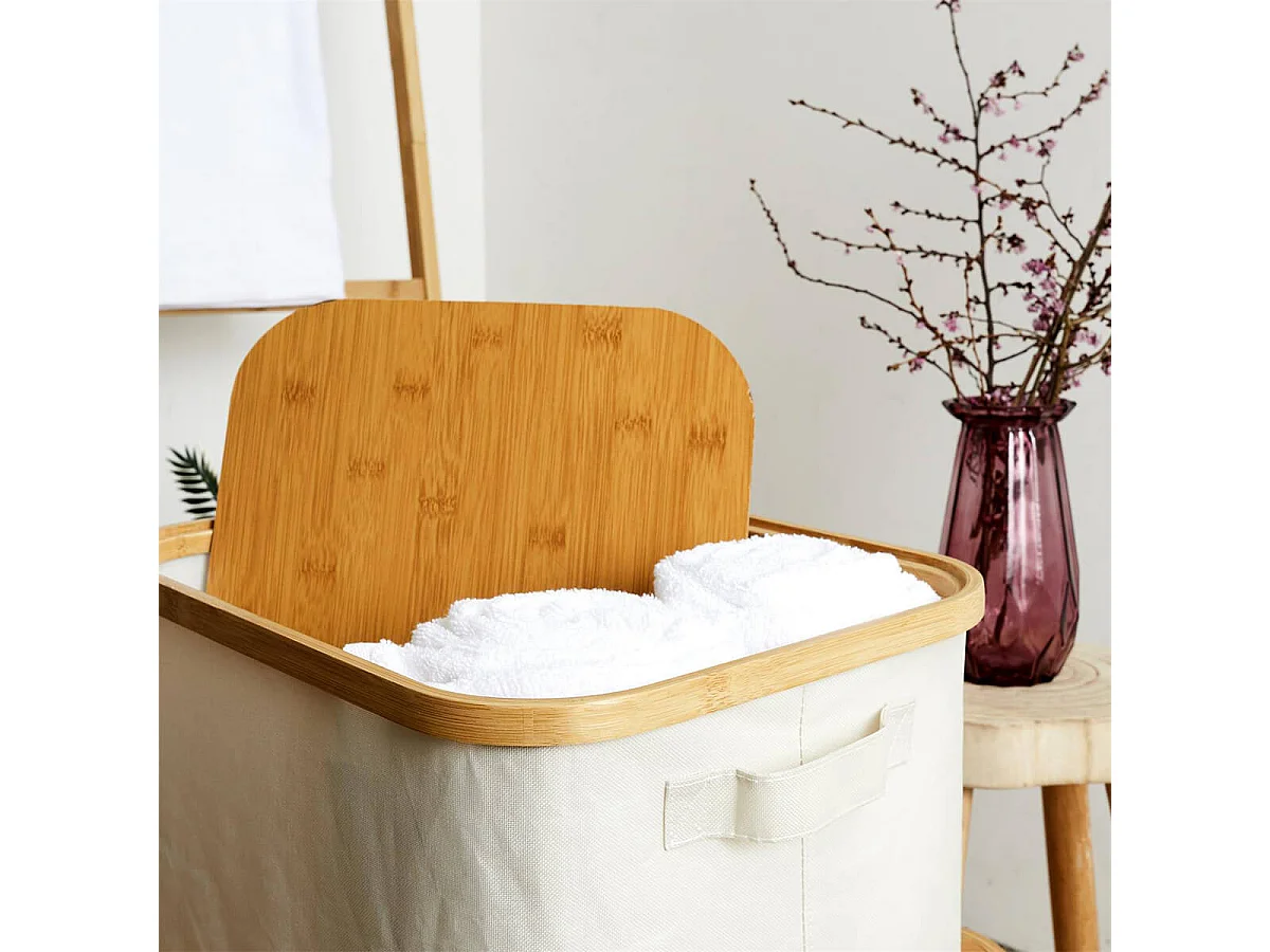 LAZEN - Lot de 3 Panières Bambou avec Couvercle Tissu Blanc et Gris