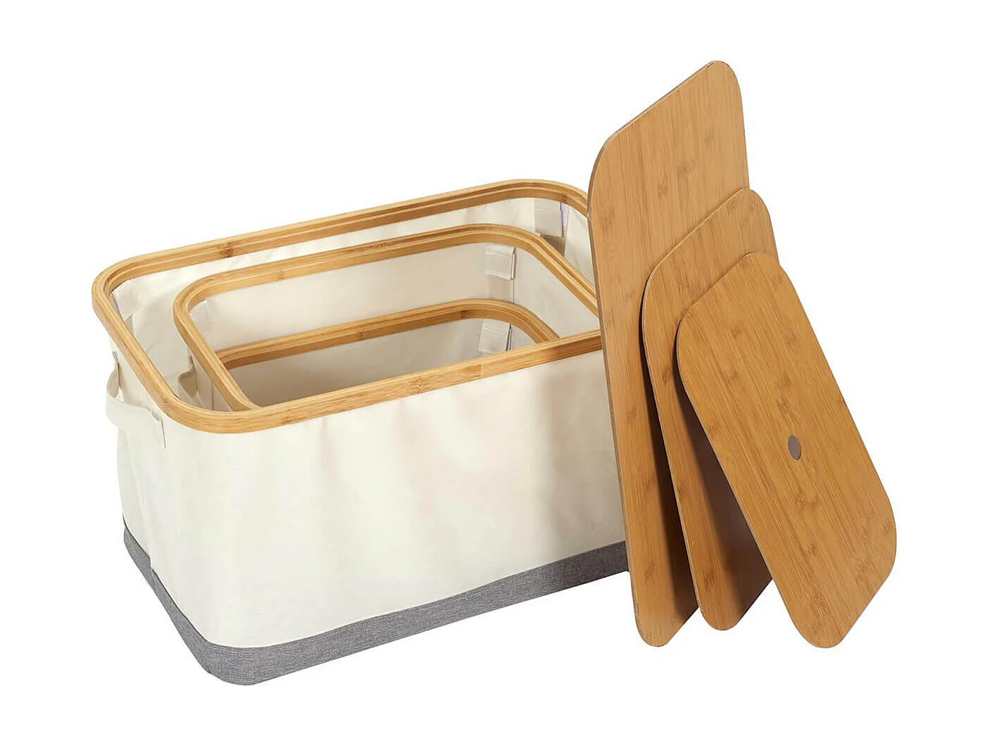 LAZEN - Lot de 3 Panières Bambou avec Couvercle Tissu Blanc et Gris