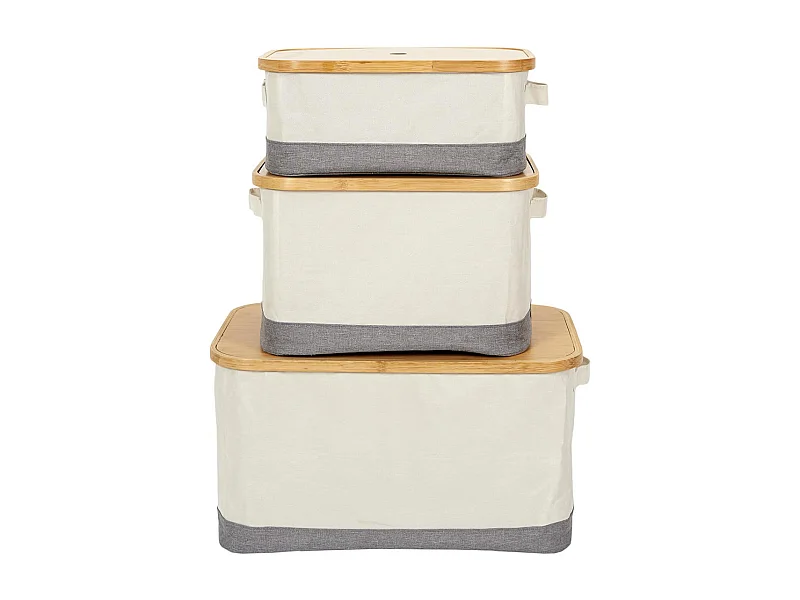 LAZEN - Lot de 3 Panières Bambou avec Couvercle Tissu Blanc et Gris