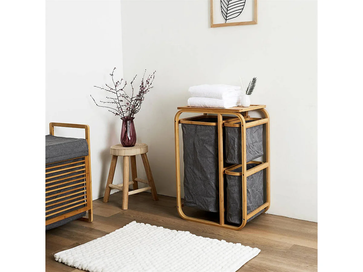 LAZEN - Rangement à 3 Panières en Bambou et Tissu Gris