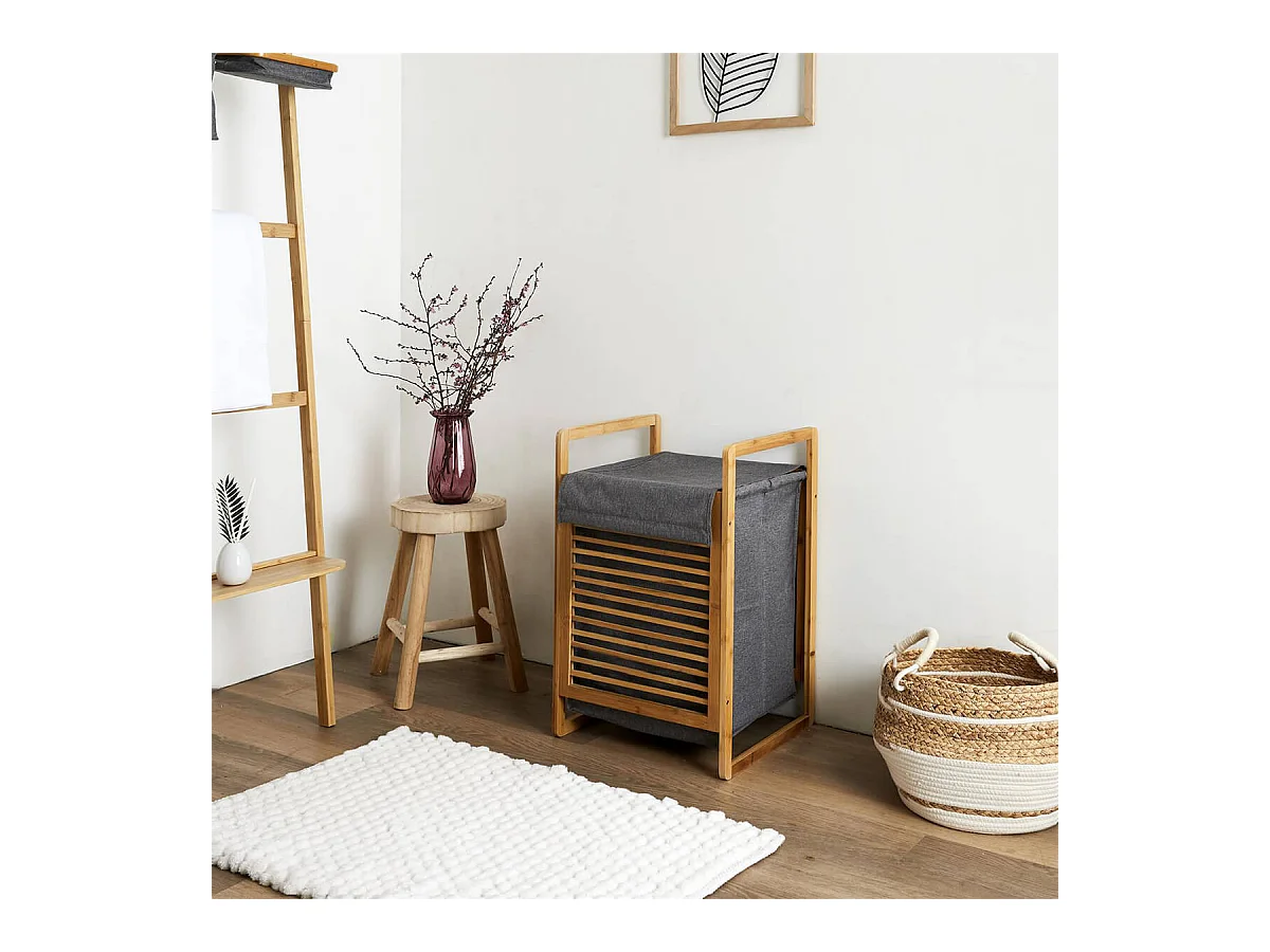 LAZEN - Panière à Linge Bambou et Tissu Gris