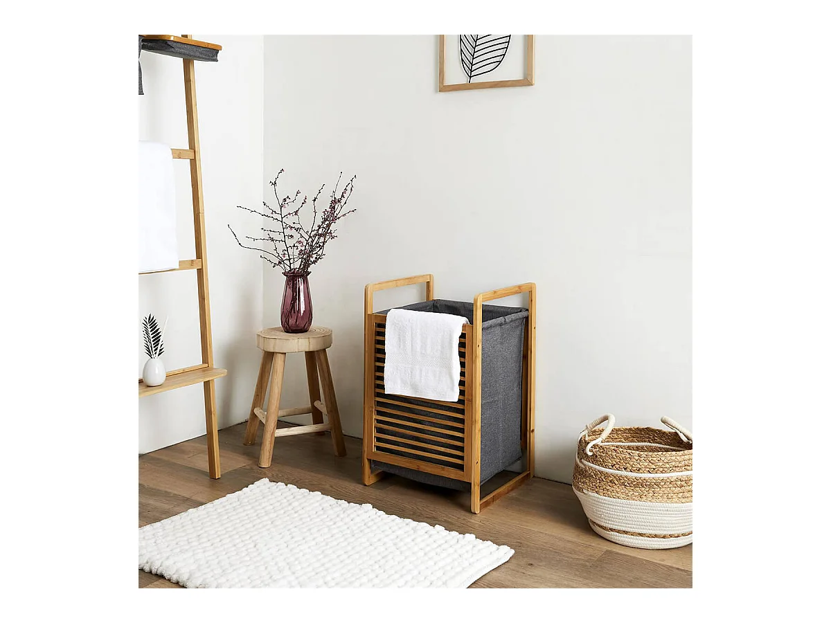 LAZEN - Panière à Linge Bambou et Tissu Gris