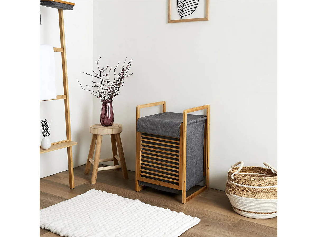 LAZEN - Panière à Linge Bambou et Tissu Gris