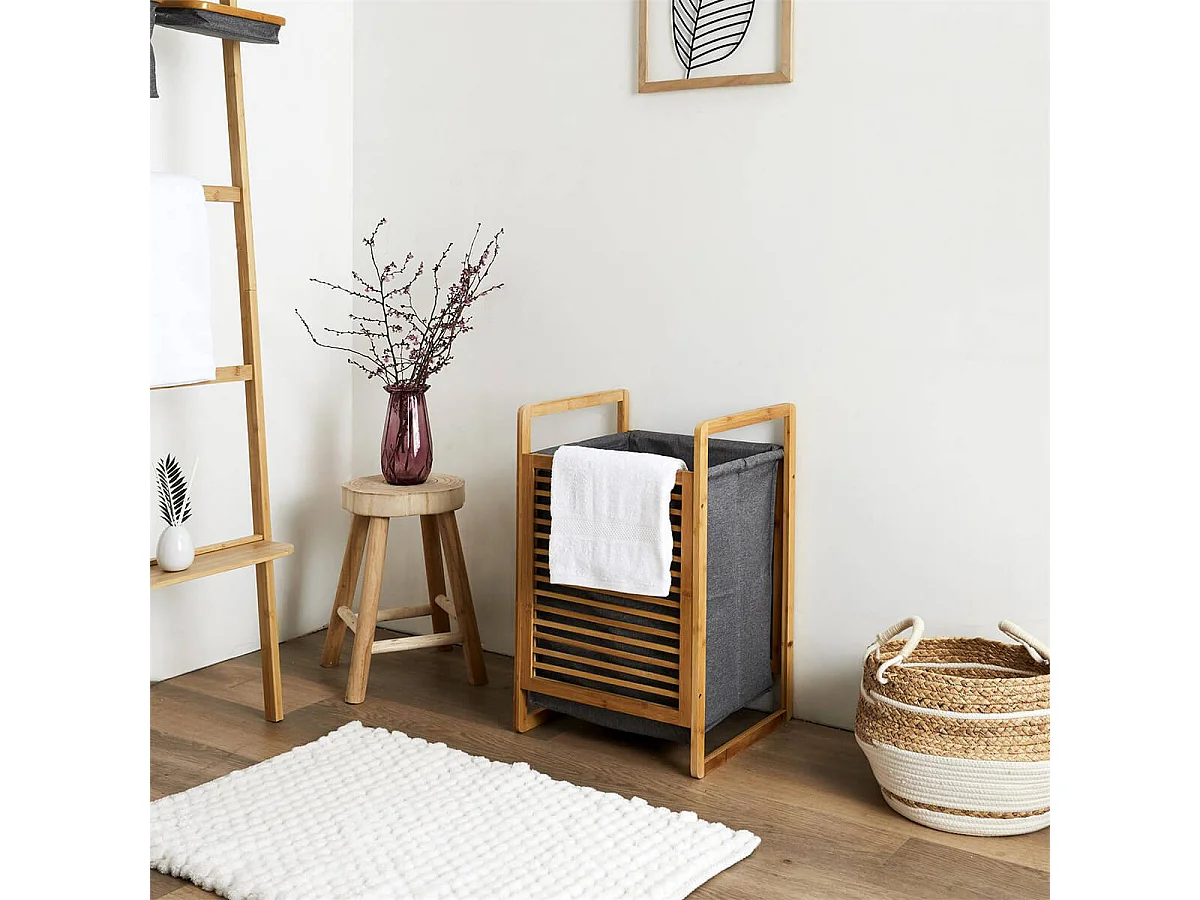 LAZEN - Panière à Linge Bambou et Tissu Gris