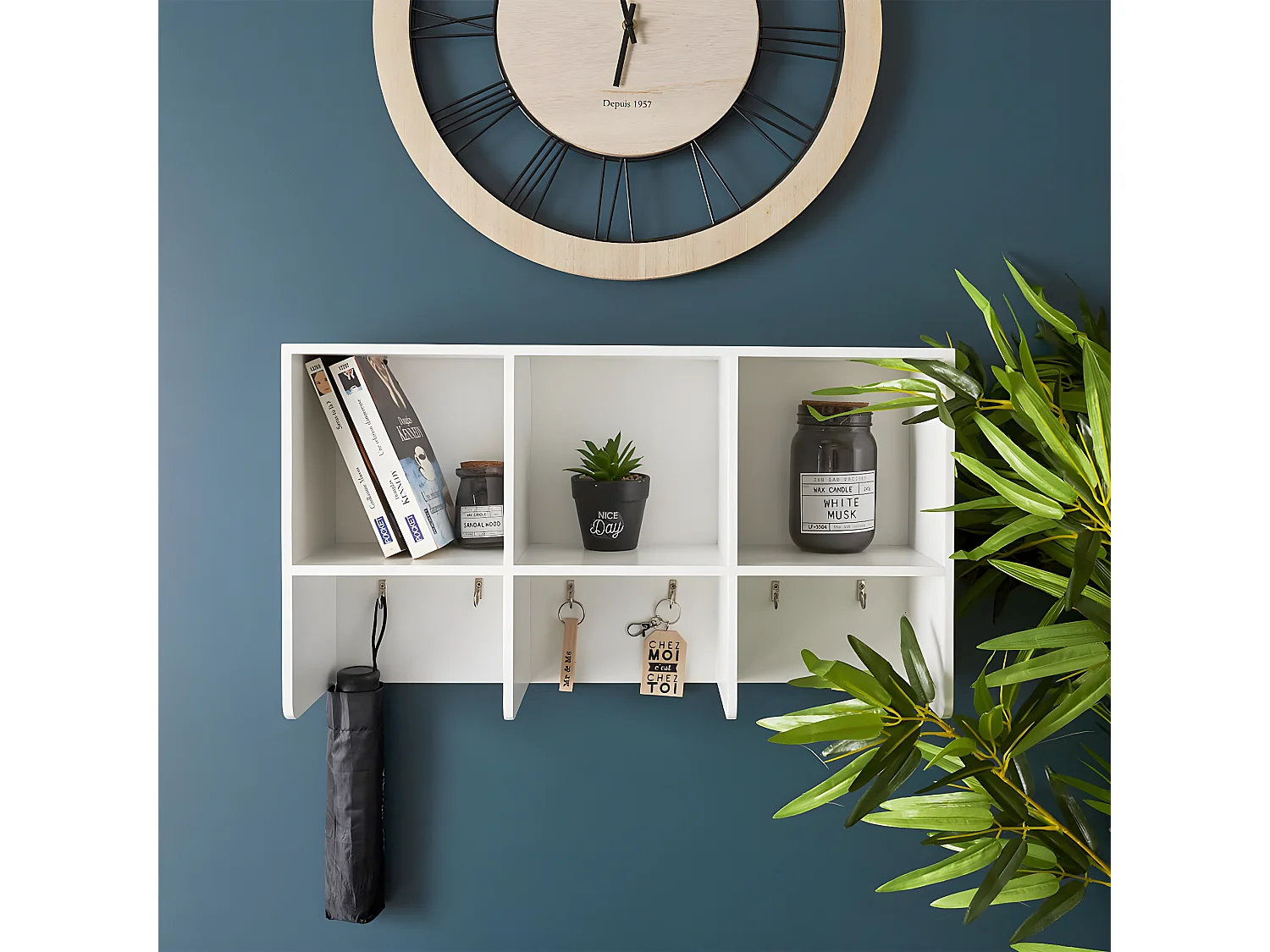 QIUSHY - Etagère Murale Blanches 3 Compartiments et Crochets