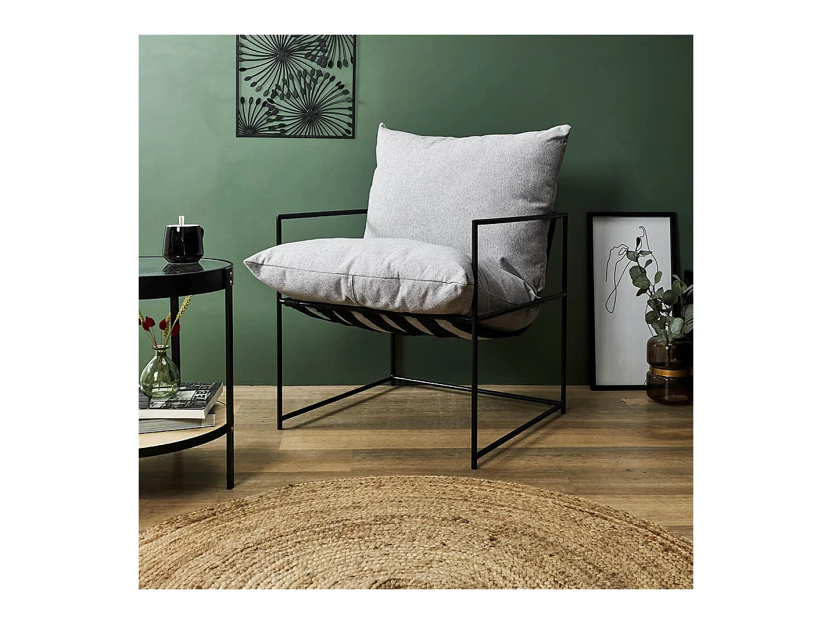 JAMIE - Fauteuil Design Métal Noir et Coussin Gris Chiné