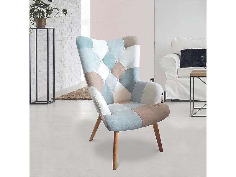 DAMAS - Fauteuil Motif Patchwork Bleu et Gris