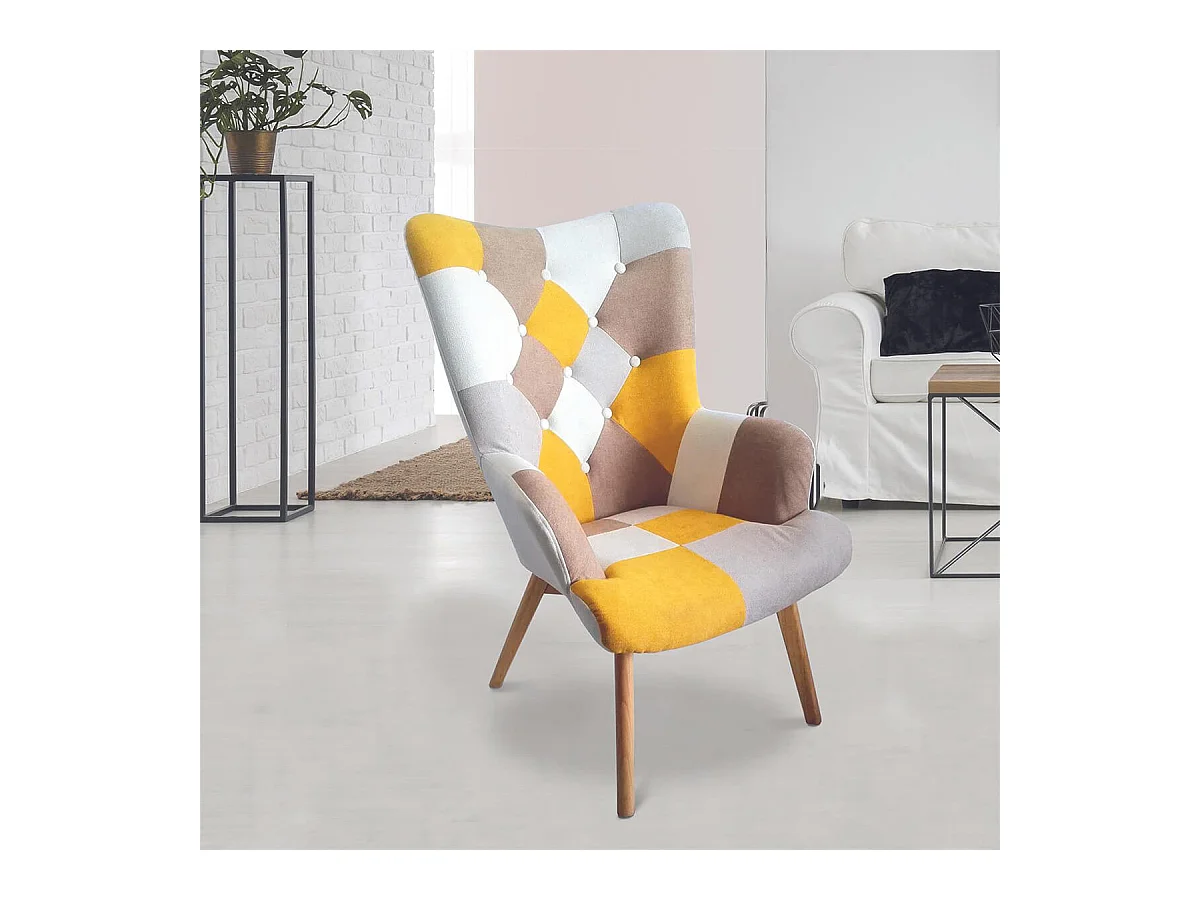 DAMAS - Fauteuil Motif Patchwork Jaune Taupe et Gris