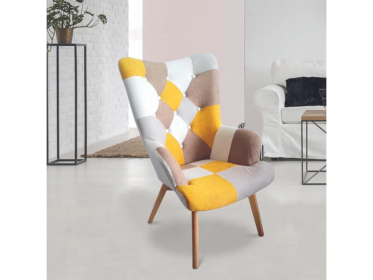 DAMAS - Fauteuil Motif Patchwork Jaune Taupe et Gris