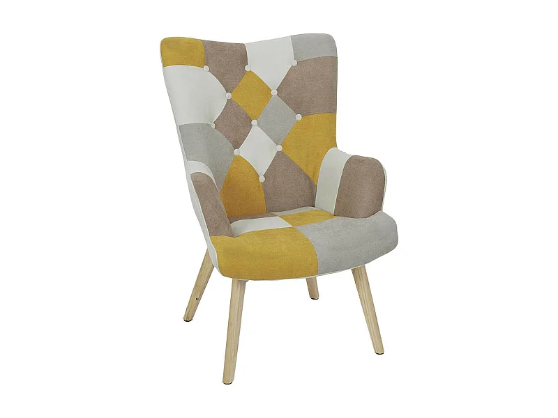 DAMAS - Fauteuil Motif Patchwork Jaune Taupe et Gris