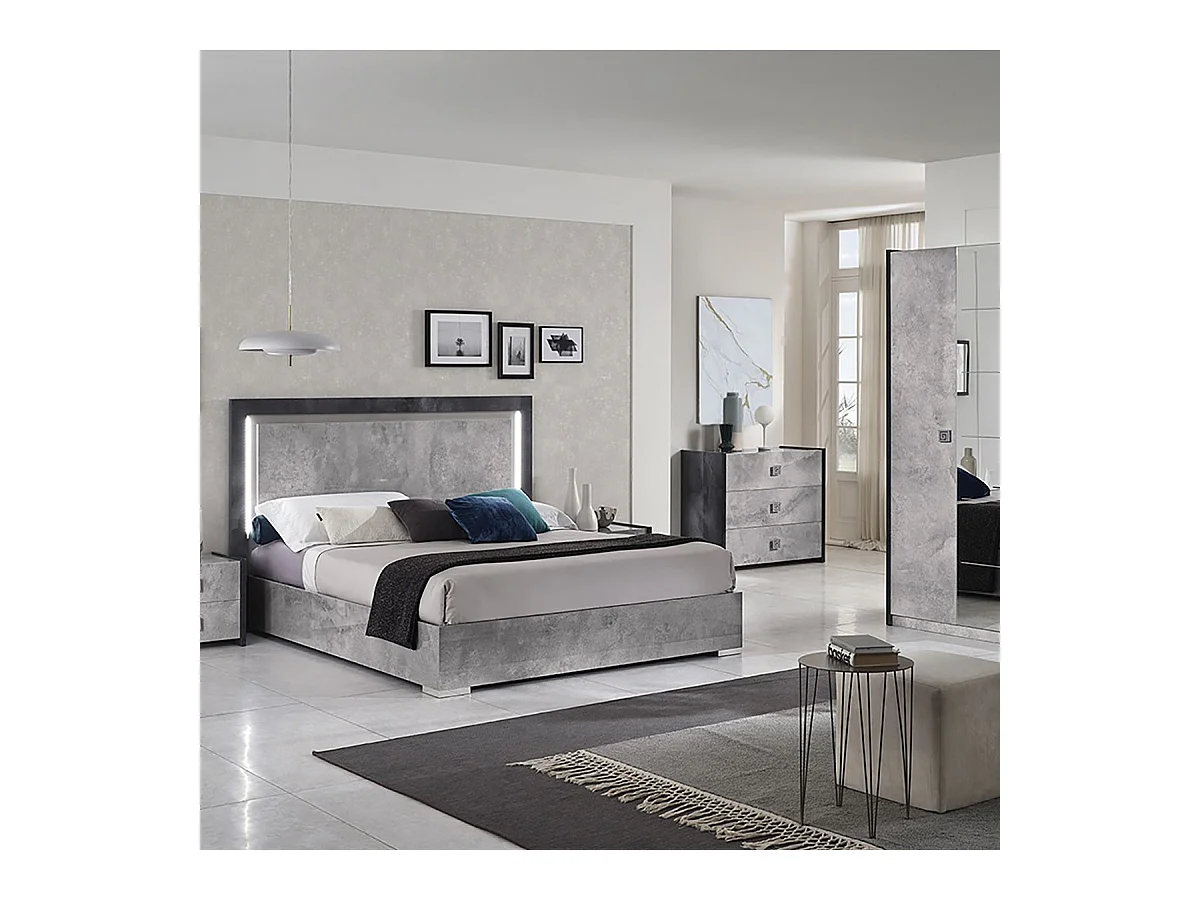HYDE - Chambre Complète 140x190cm Gris Effet Pierre avec Leds